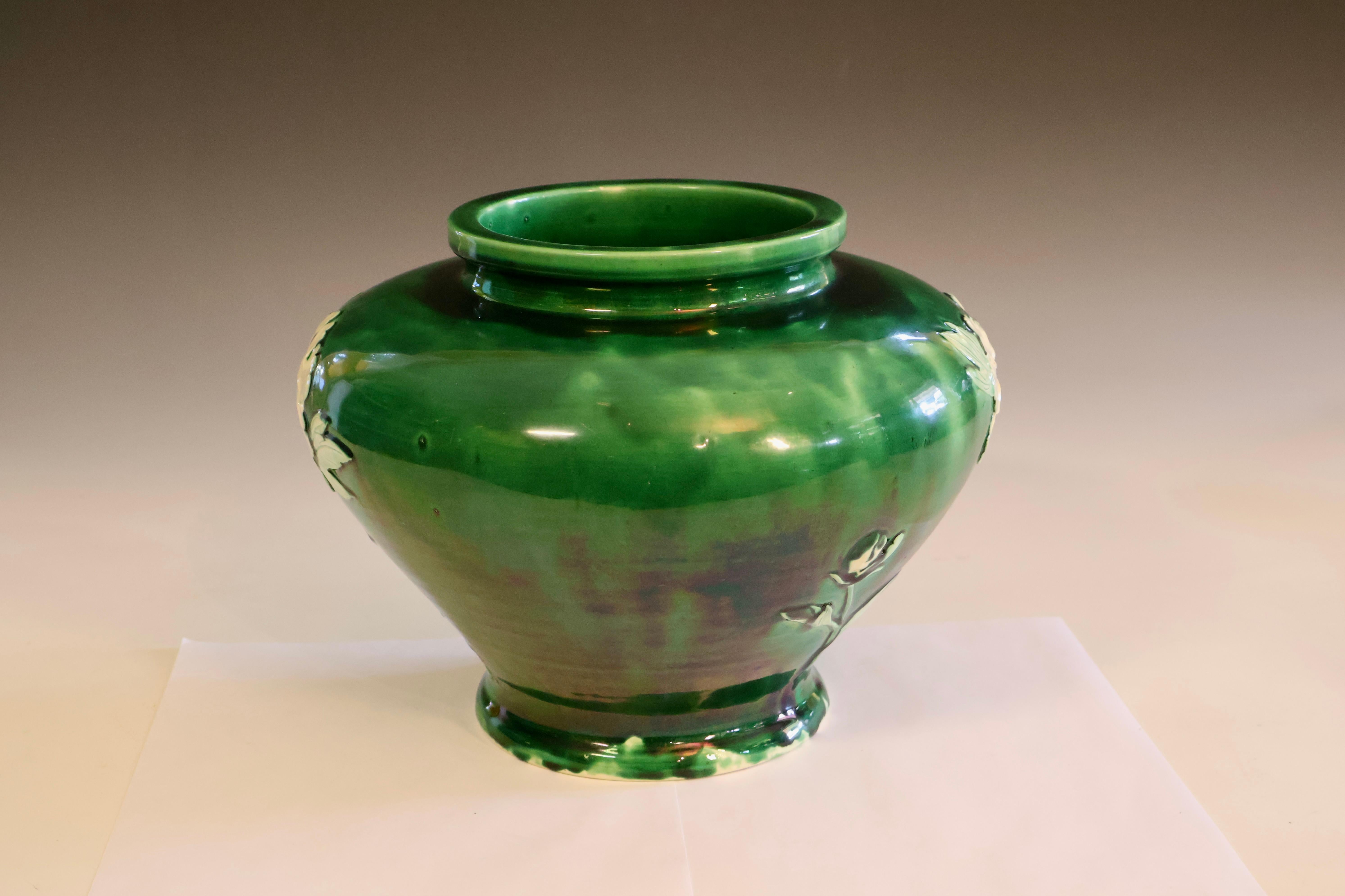 Japanese Large Danto-Awaji Pottery with Sprigged Peonies on a Green Ground For Sale