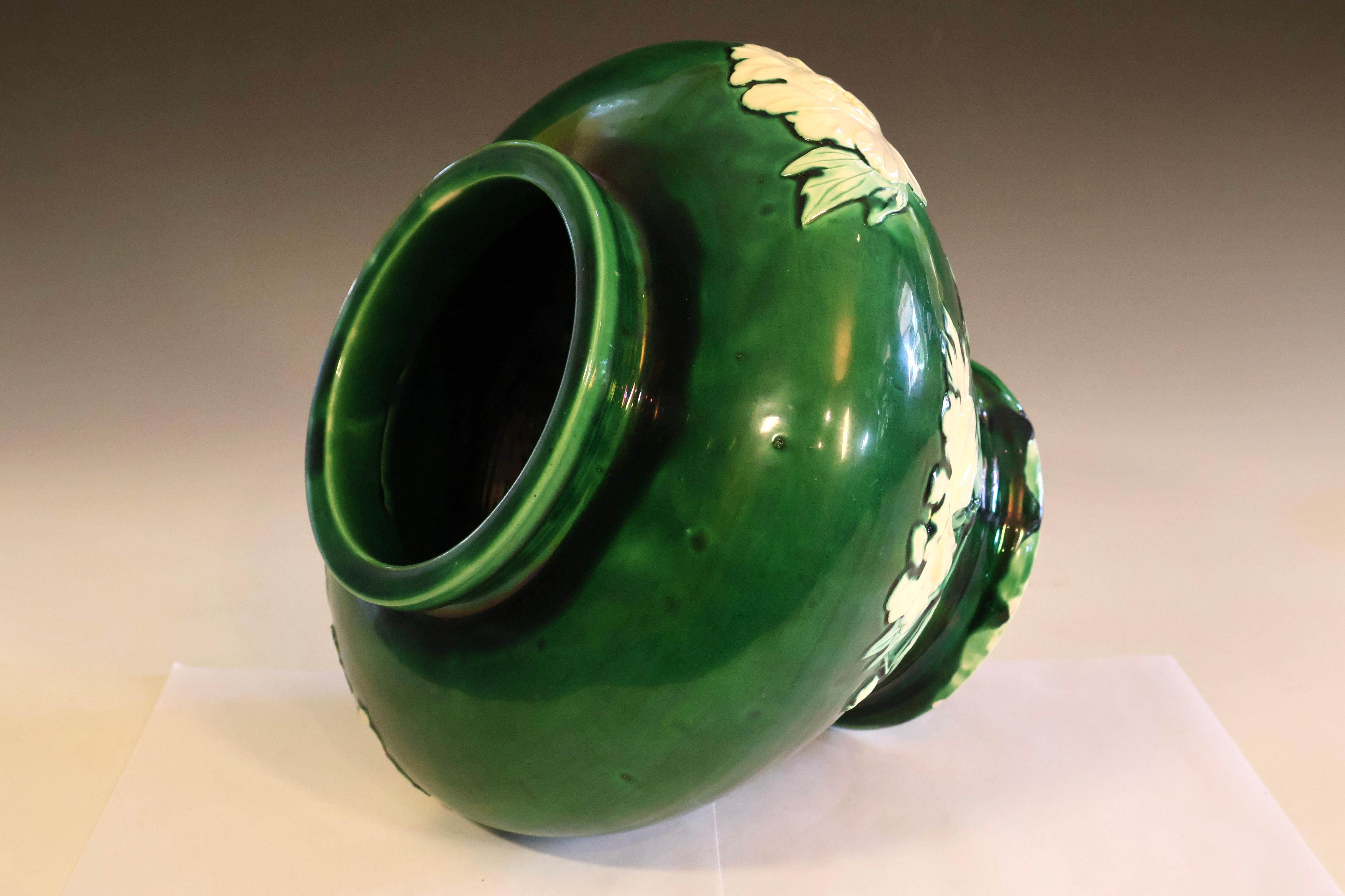 Turned Large Danto-Awaji Pottery with Sprigged Peonies on a Green Ground For Sale