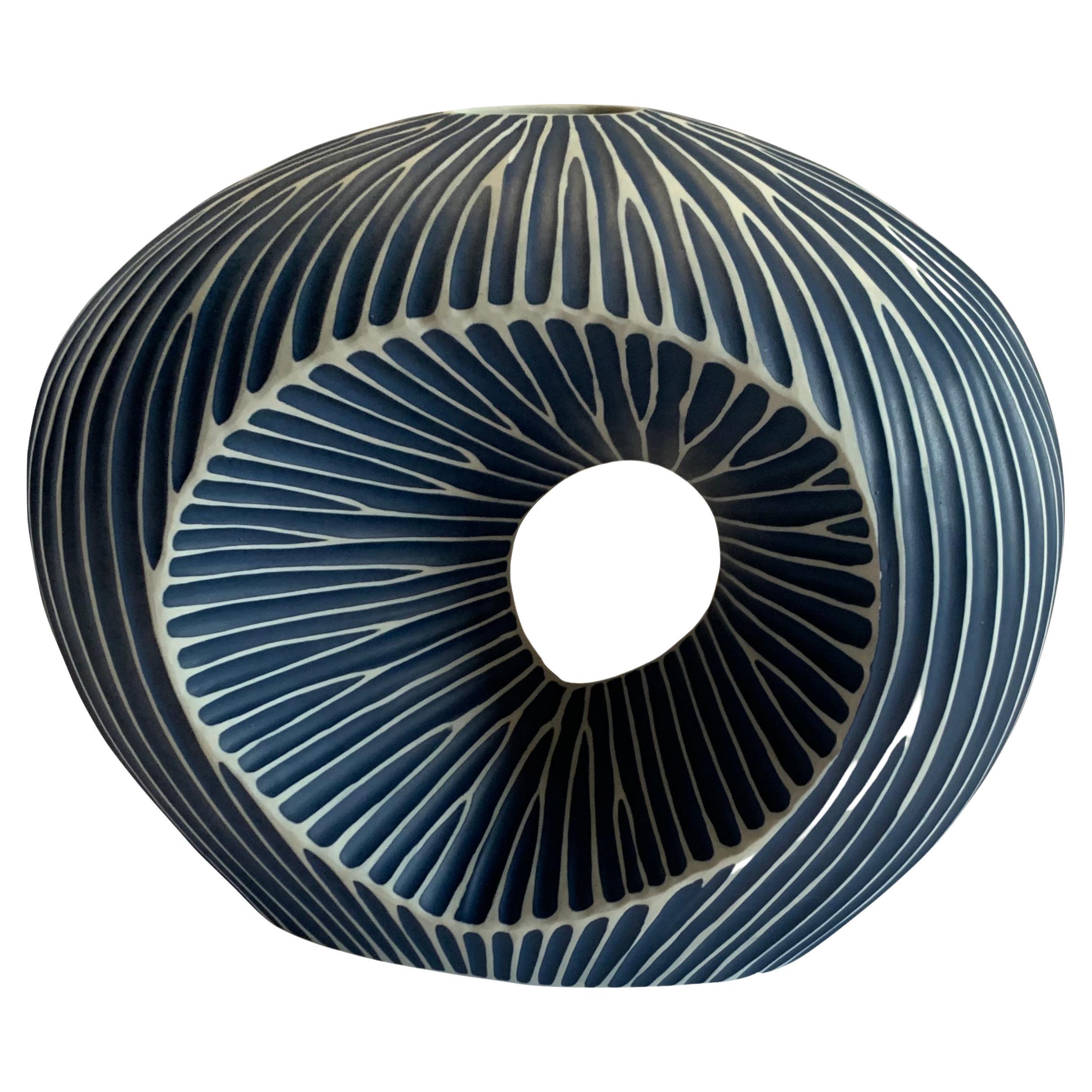 Large Dark Blue and White Striped Vase, Thailand, Contemporary at 1stDibs