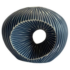 Large Dark Blue and White Striped Vase, Thailand, Contemporary