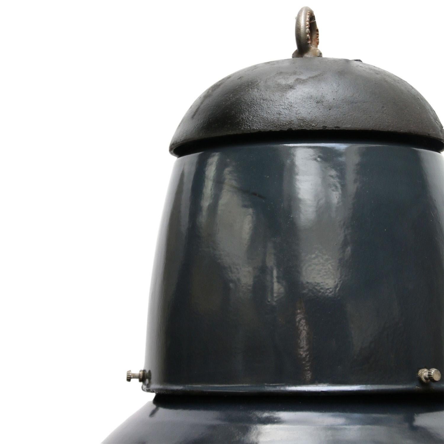 Hungarian Large Dark Blue Enamel Vintage Industrial Cast Iron Top Pendant Lights