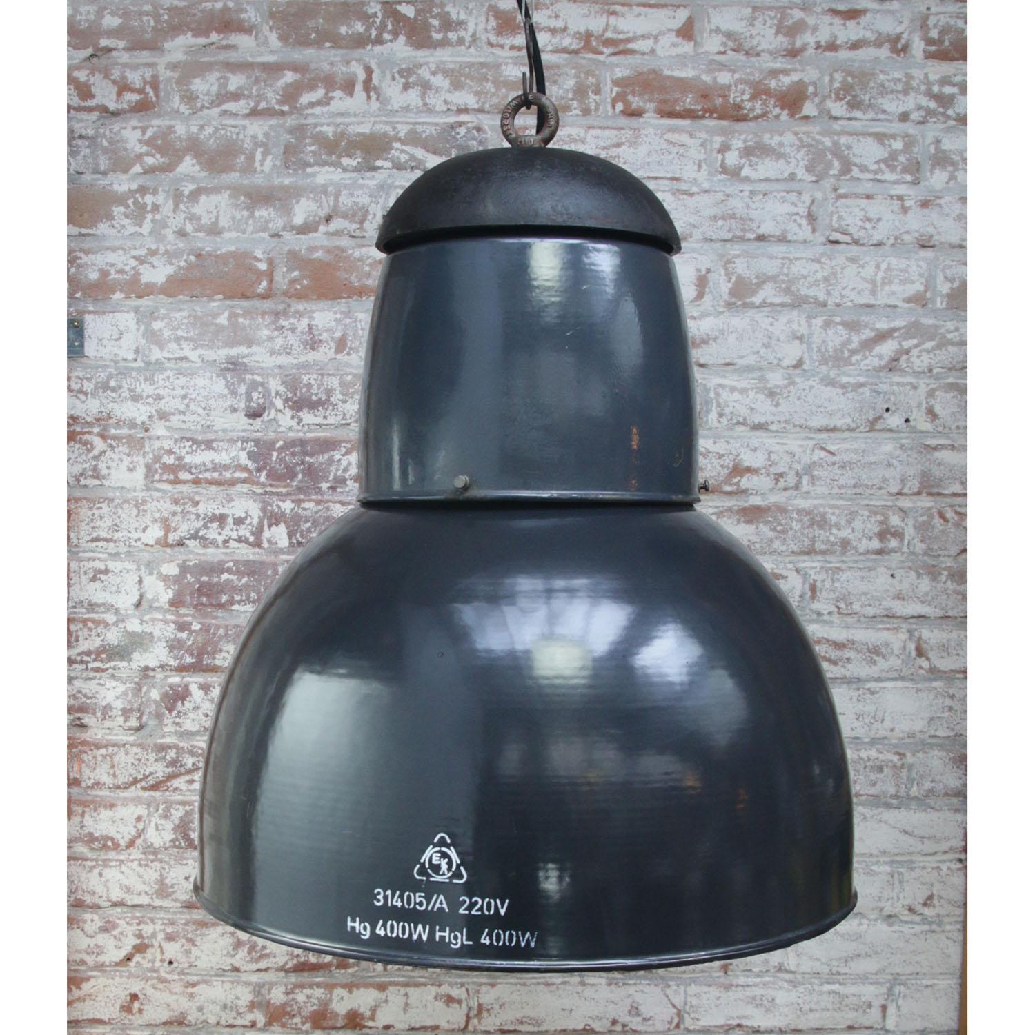 Hungarian Large Dark Blue Enamel Vintage Industrial Cast Iron Top Pendant Lights For Sale