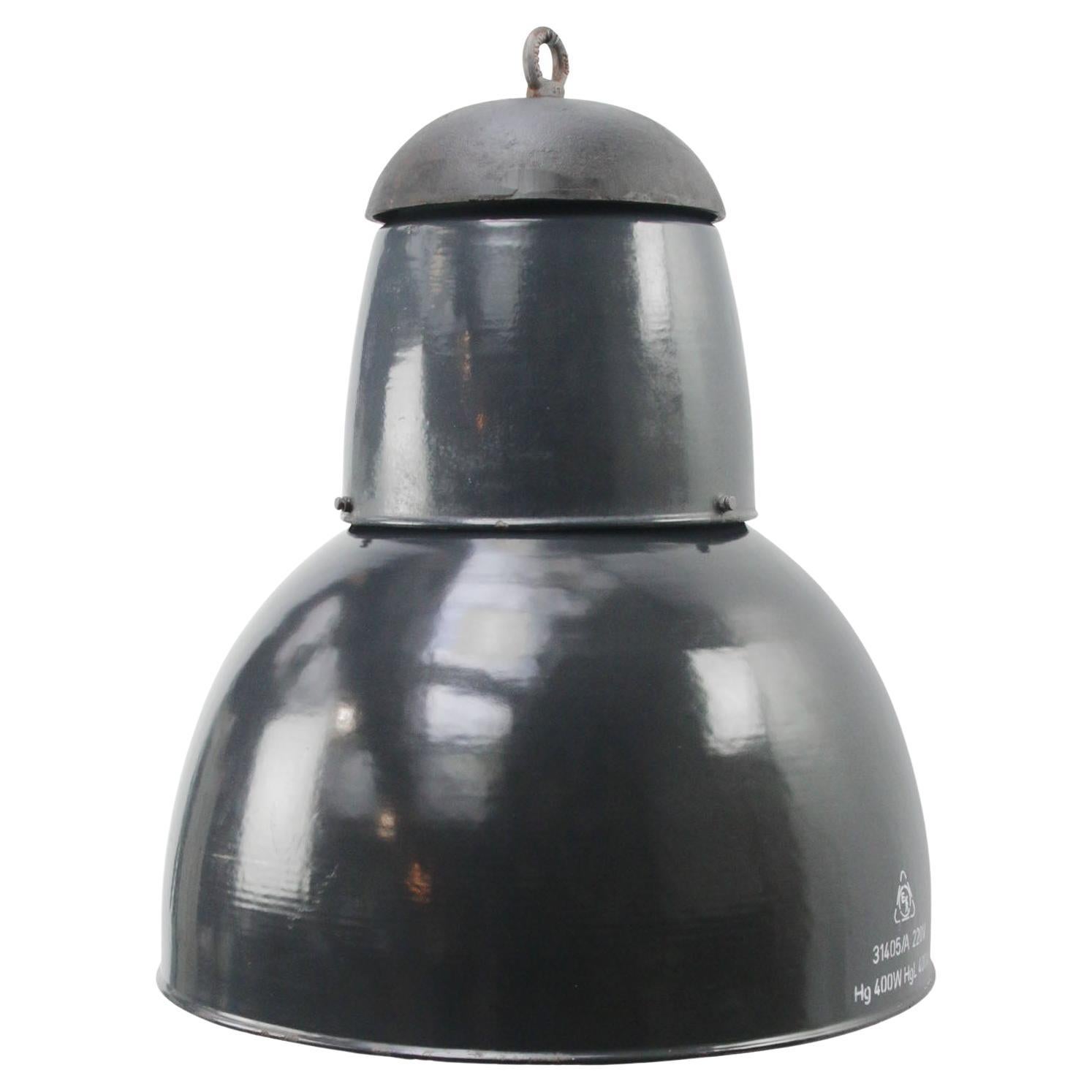 Large Dark Blue Enamel Vintage Industrial Cast Iron Top Pendant Lights For Sale