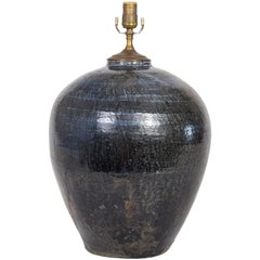 Large Dark Blue Graphite Thrown Amphora Ceramic Lamp