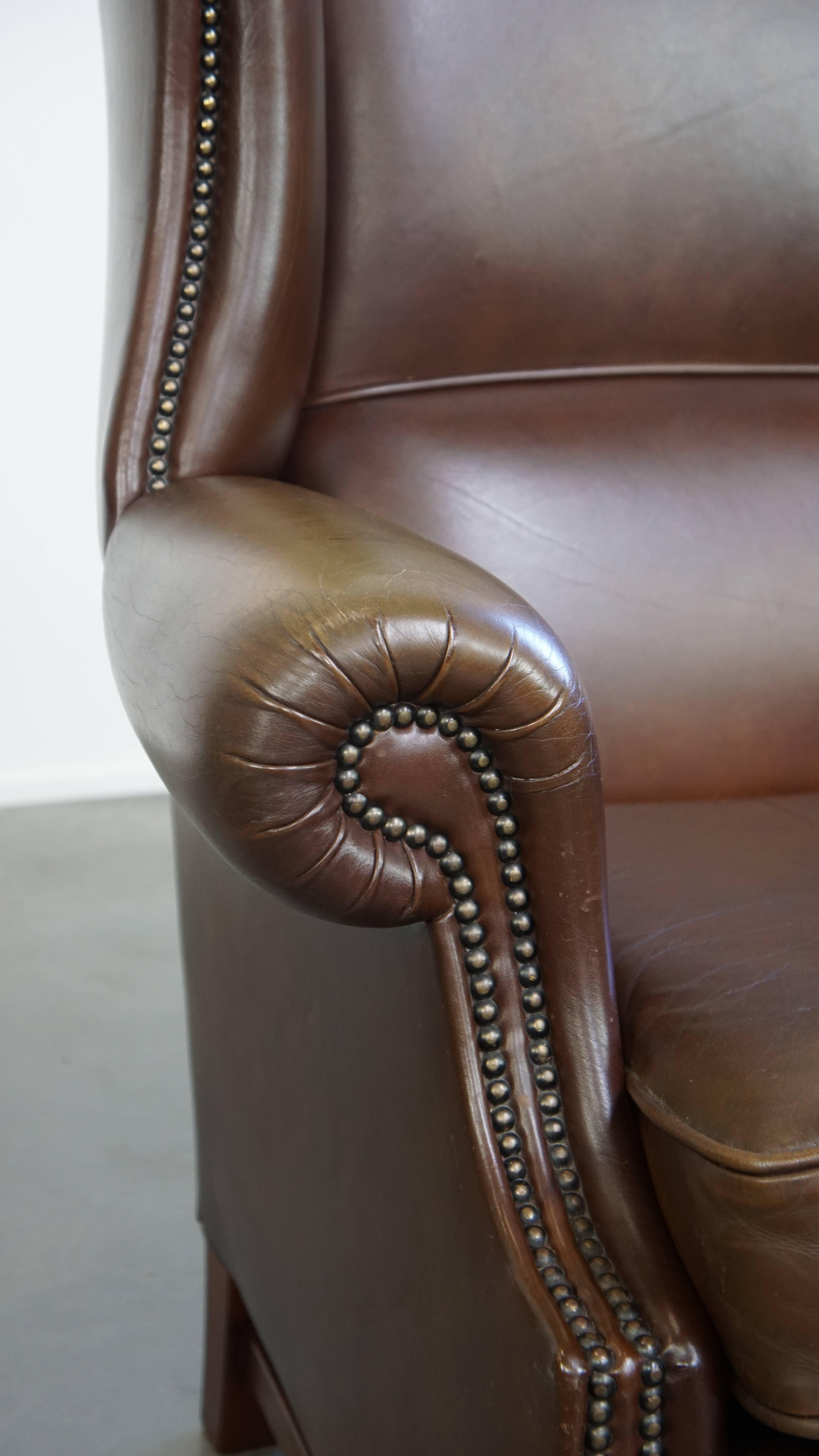 Large Dark Brown Cowhide Leather Chesterfield Wingback Chair in English Style For Sale 5