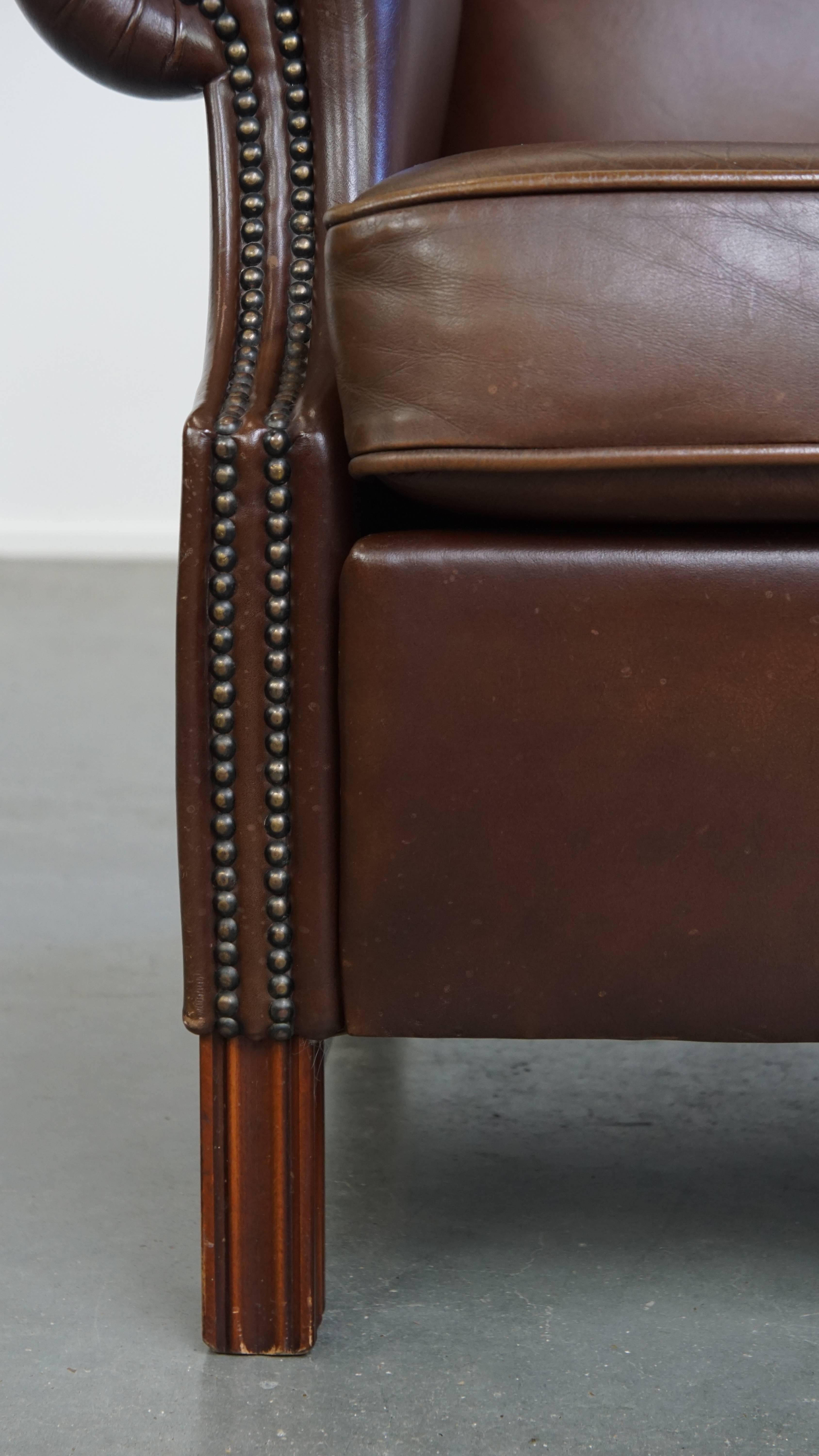 Large Dark Brown Cowhide Leather Chesterfield Wingback Chair in English Style For Sale 6