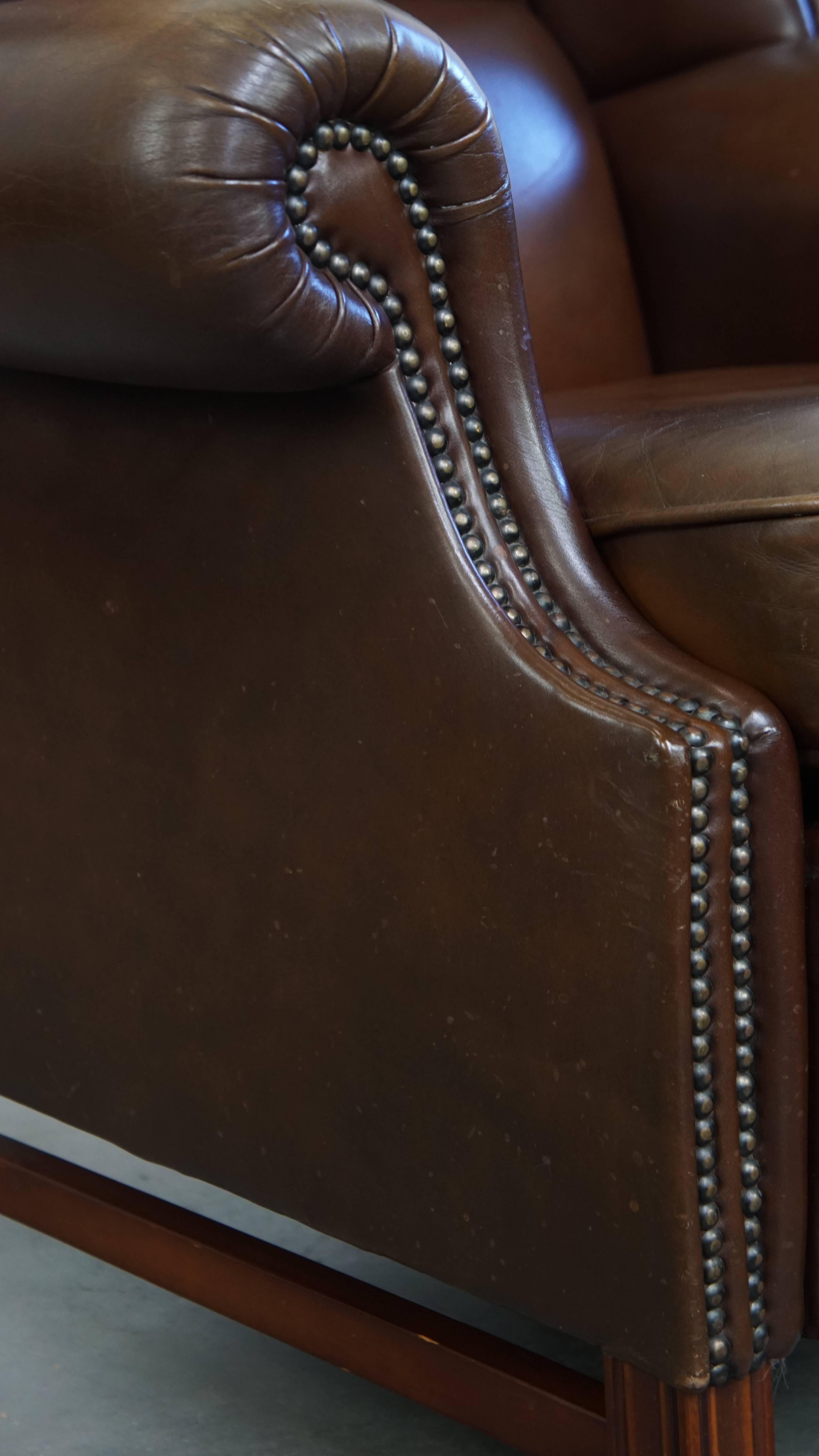 Large Dark Brown Cowhide Leather Chesterfield Wingback Chair in English Style For Sale 7