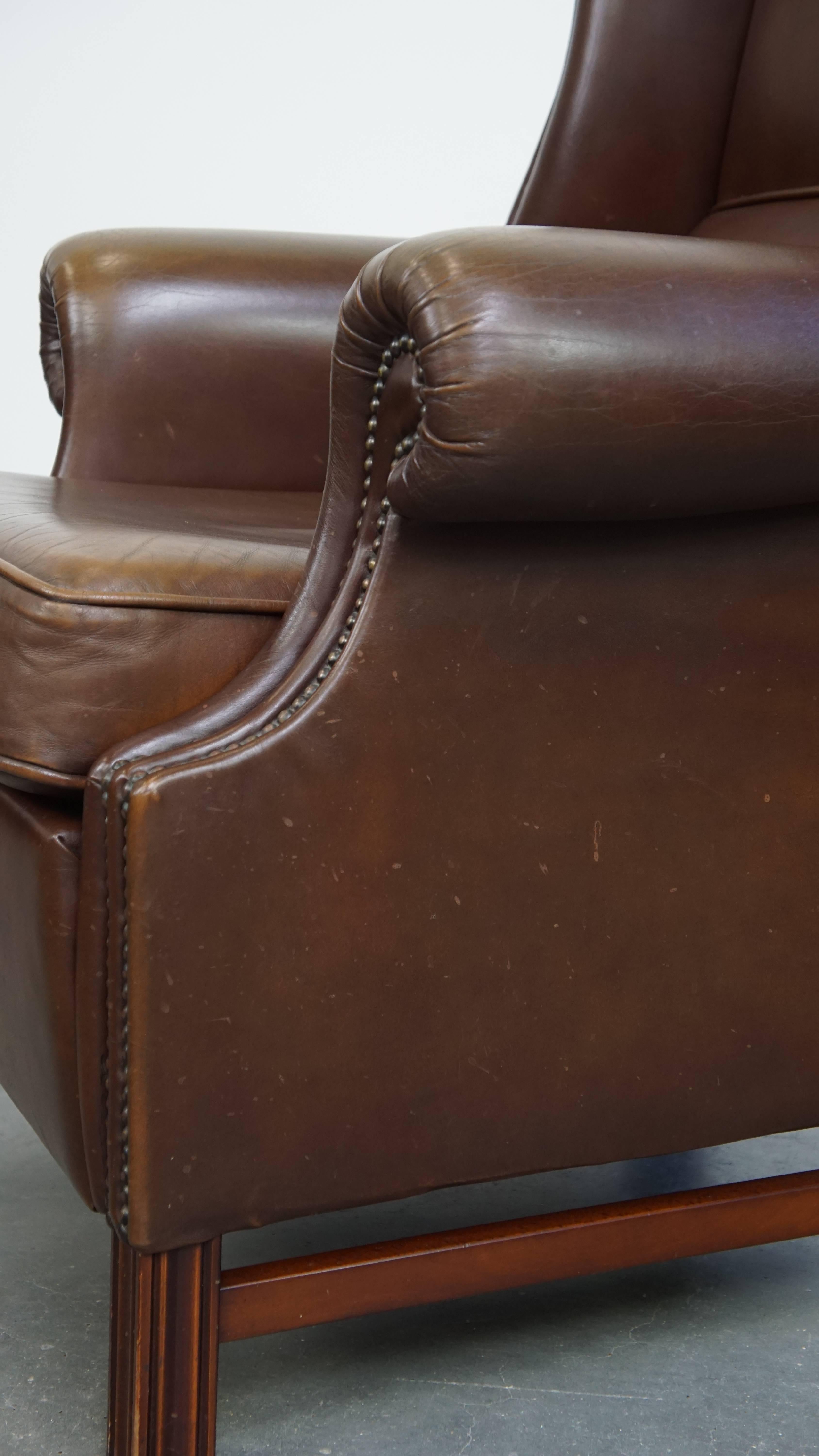 Large Dark Brown Cowhide Leather Chesterfield Wingback Chair in English Style For Sale 8