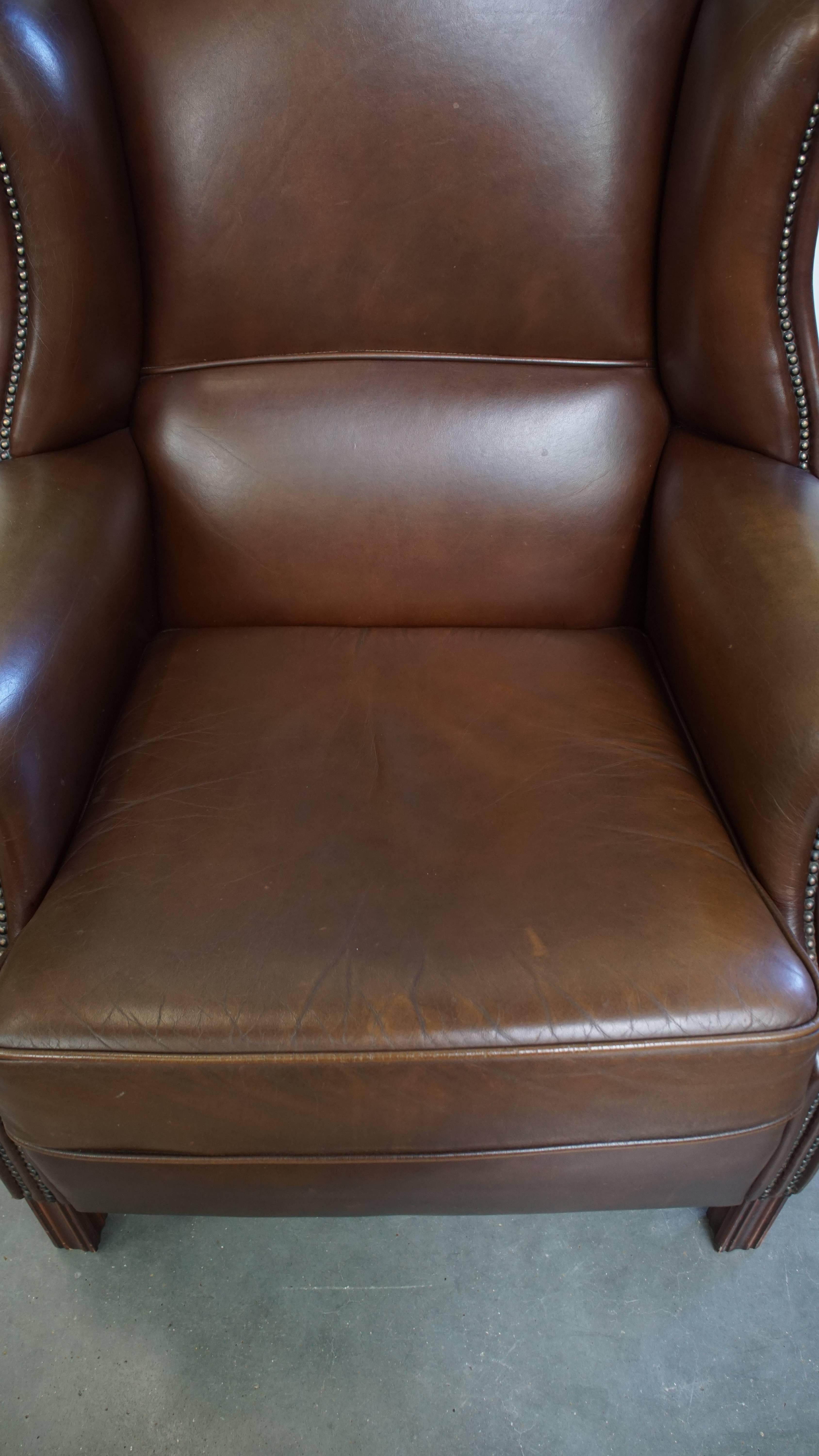 Large Dark Brown Cowhide Leather Chesterfield Wingback Chair in English Style For Sale 1