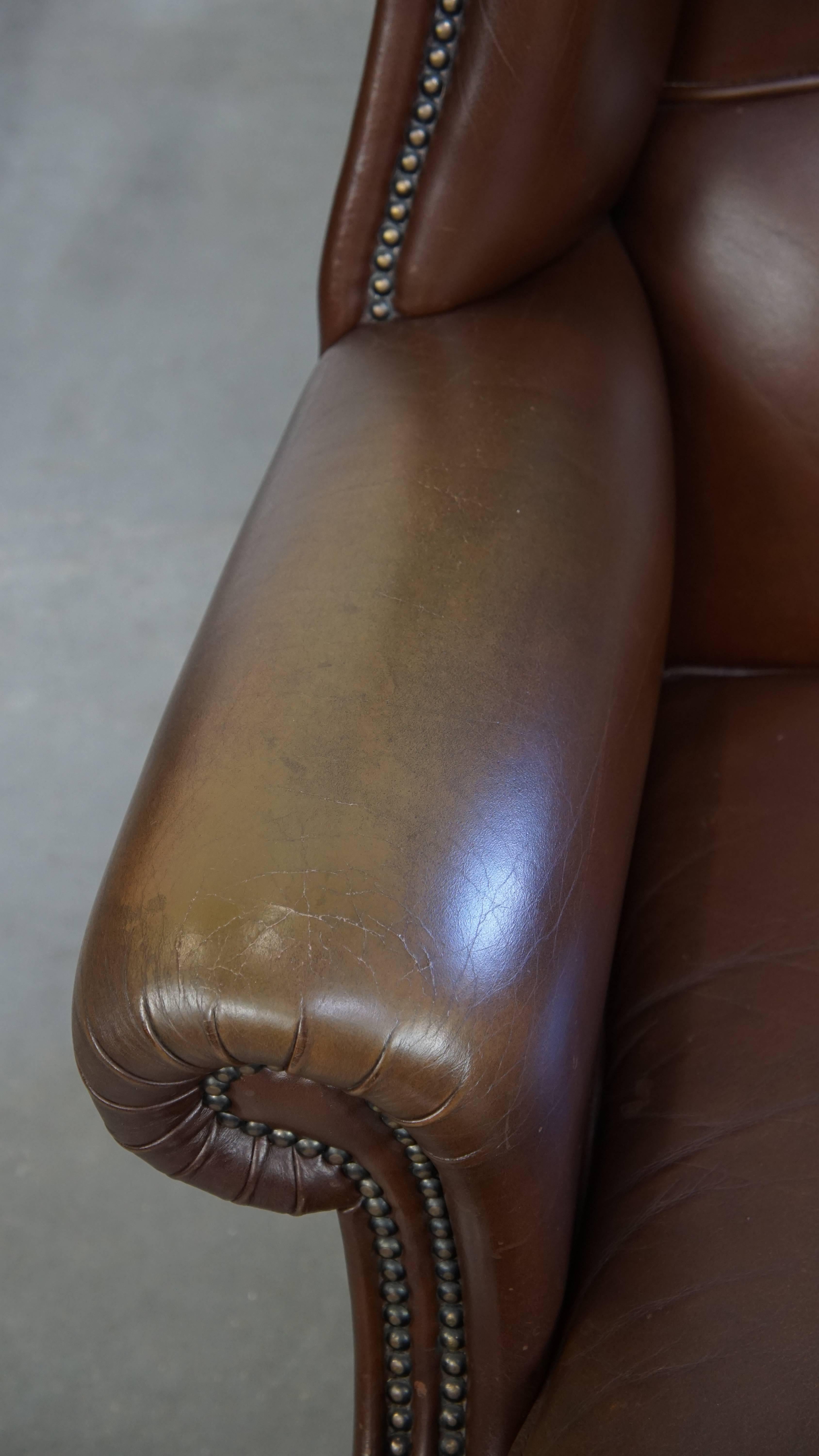 Large Dark Brown Cowhide Leather Chesterfield Wingback Chair in English Style For Sale 2