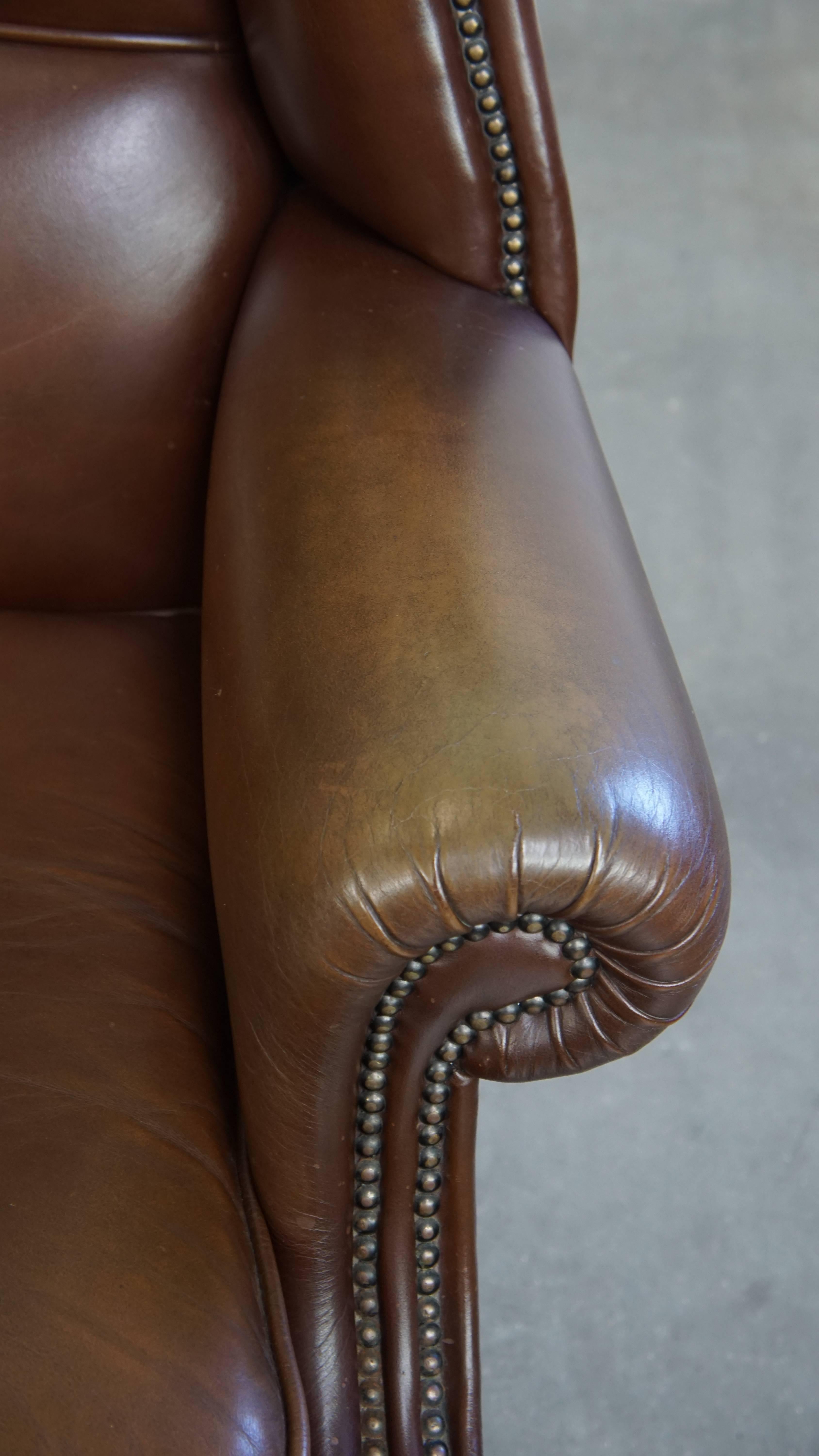 Large Dark Brown Cowhide Leather Chesterfield Wingback Chair in English Style For Sale 3