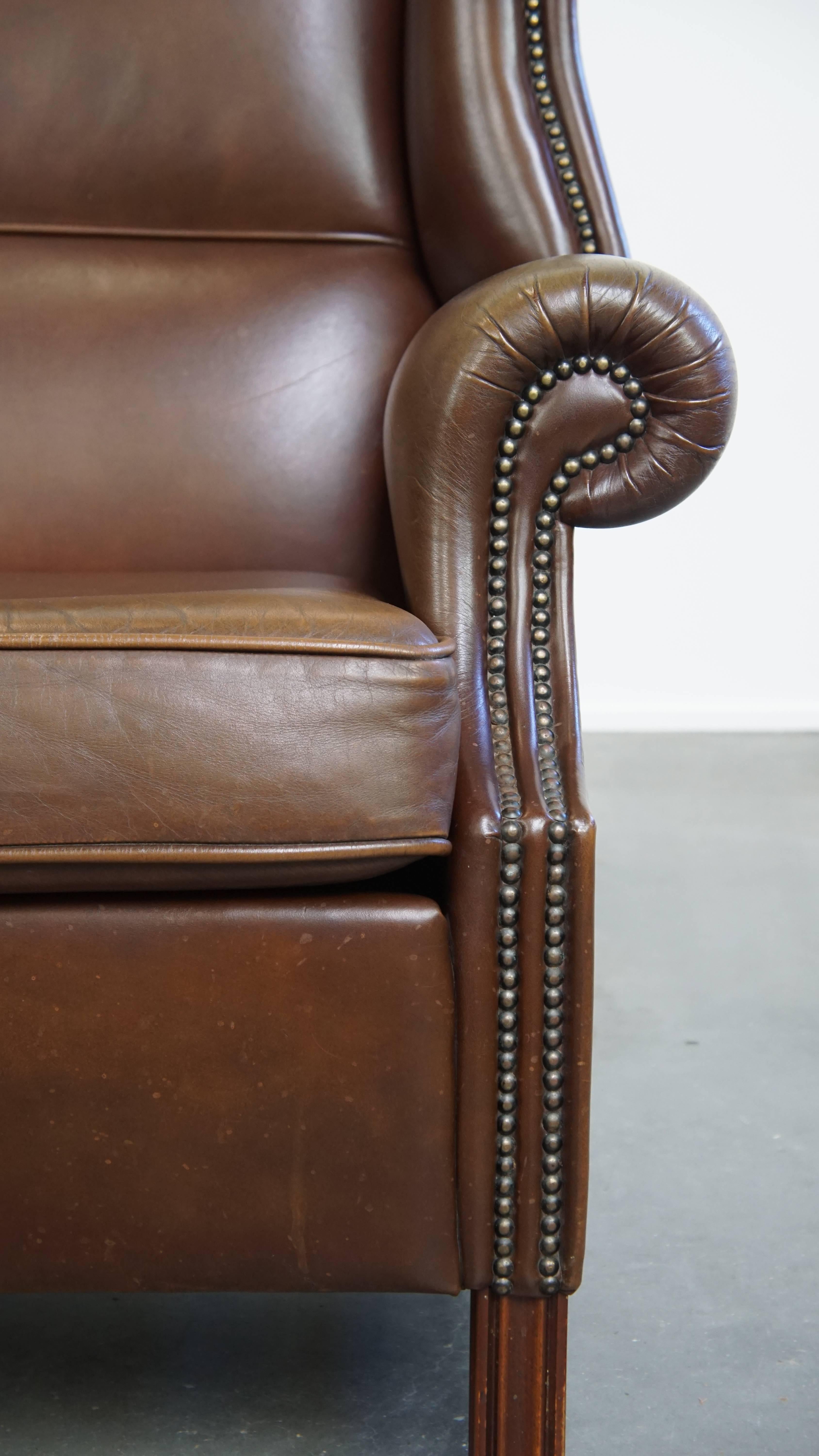 Large Dark Brown Cowhide Leather Chesterfield Wingback Chair in English Style For Sale 4