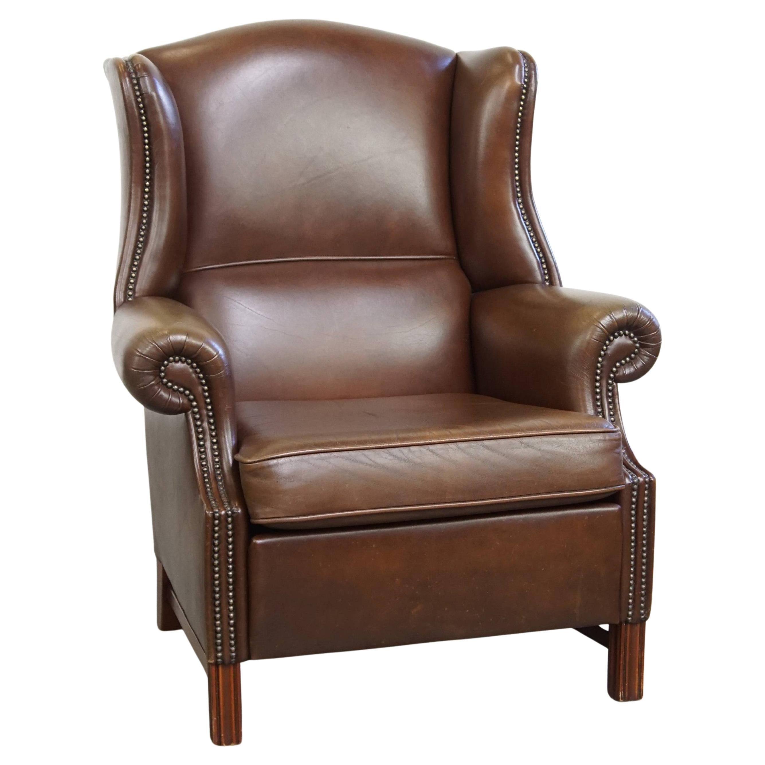Large Dark Brown Cowhide Leather Chesterfield Wingback Chair in English Style