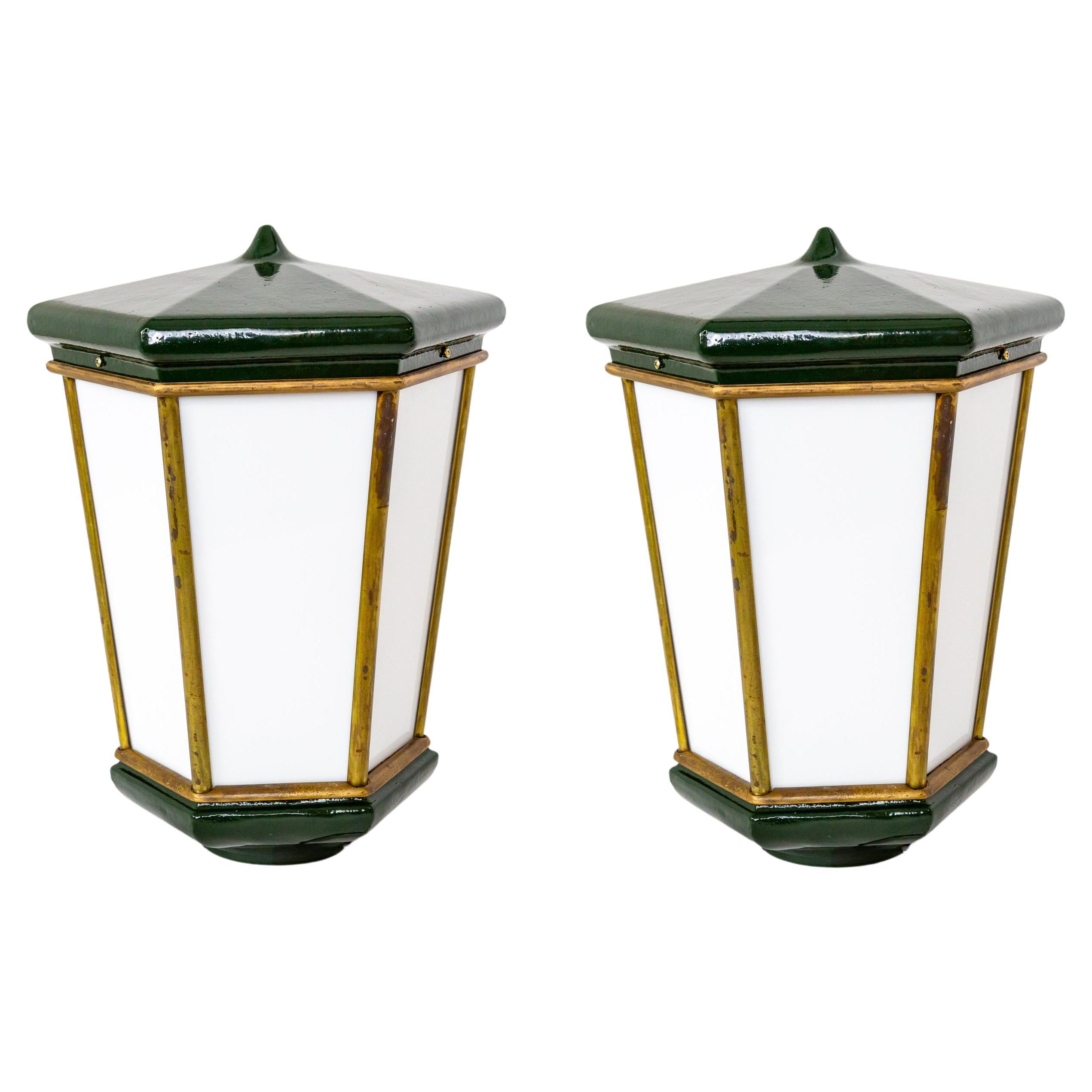 Large Dark Green Porcelain Enameled Cast Iron Lanterns (Pair)