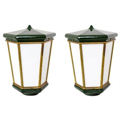 Large Dark Green Porcelain Enameled Cast Iron Lanterns (Pair)