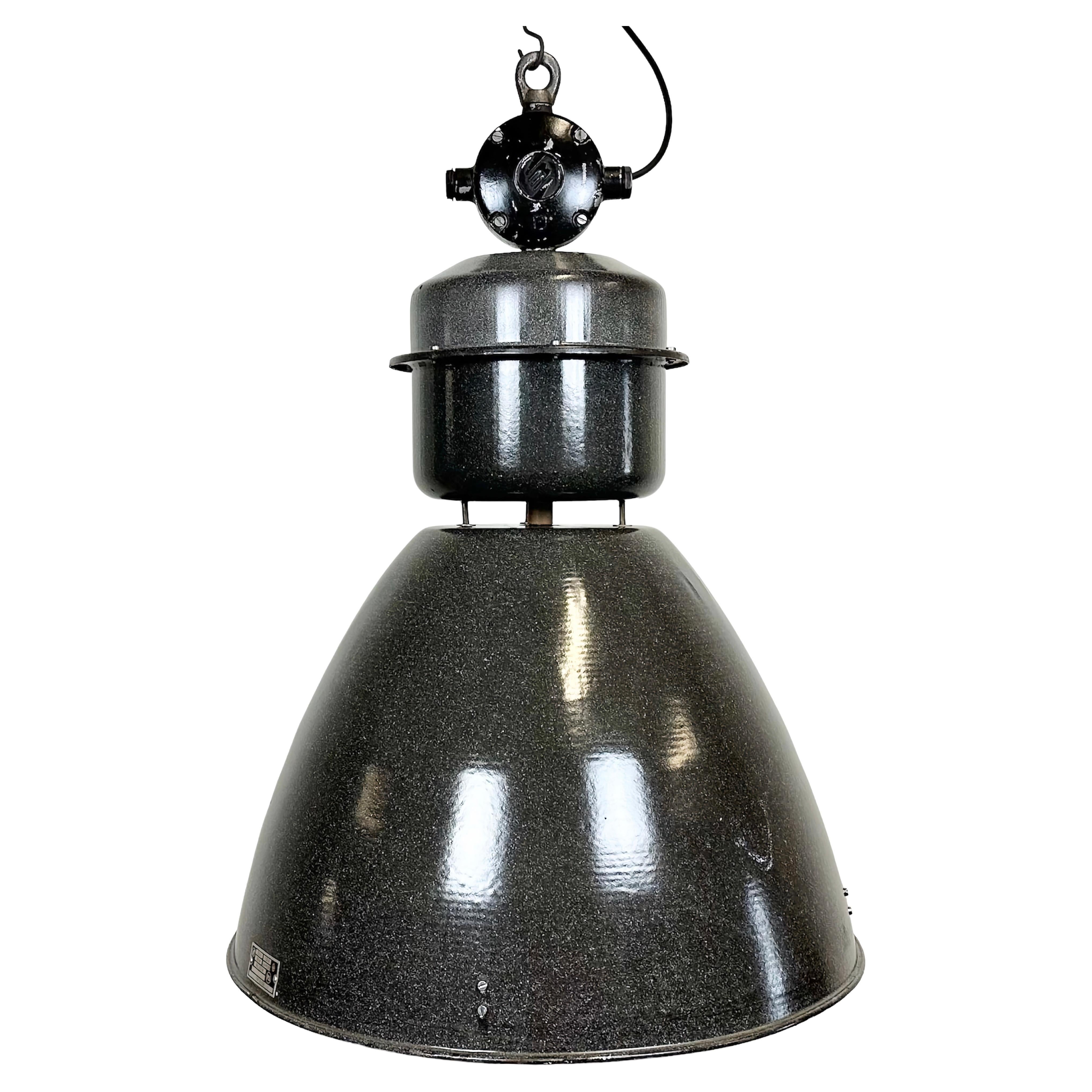 Large Dark Grey Enamel Industrial Factory Lamp from Elektrosvit, 1960s