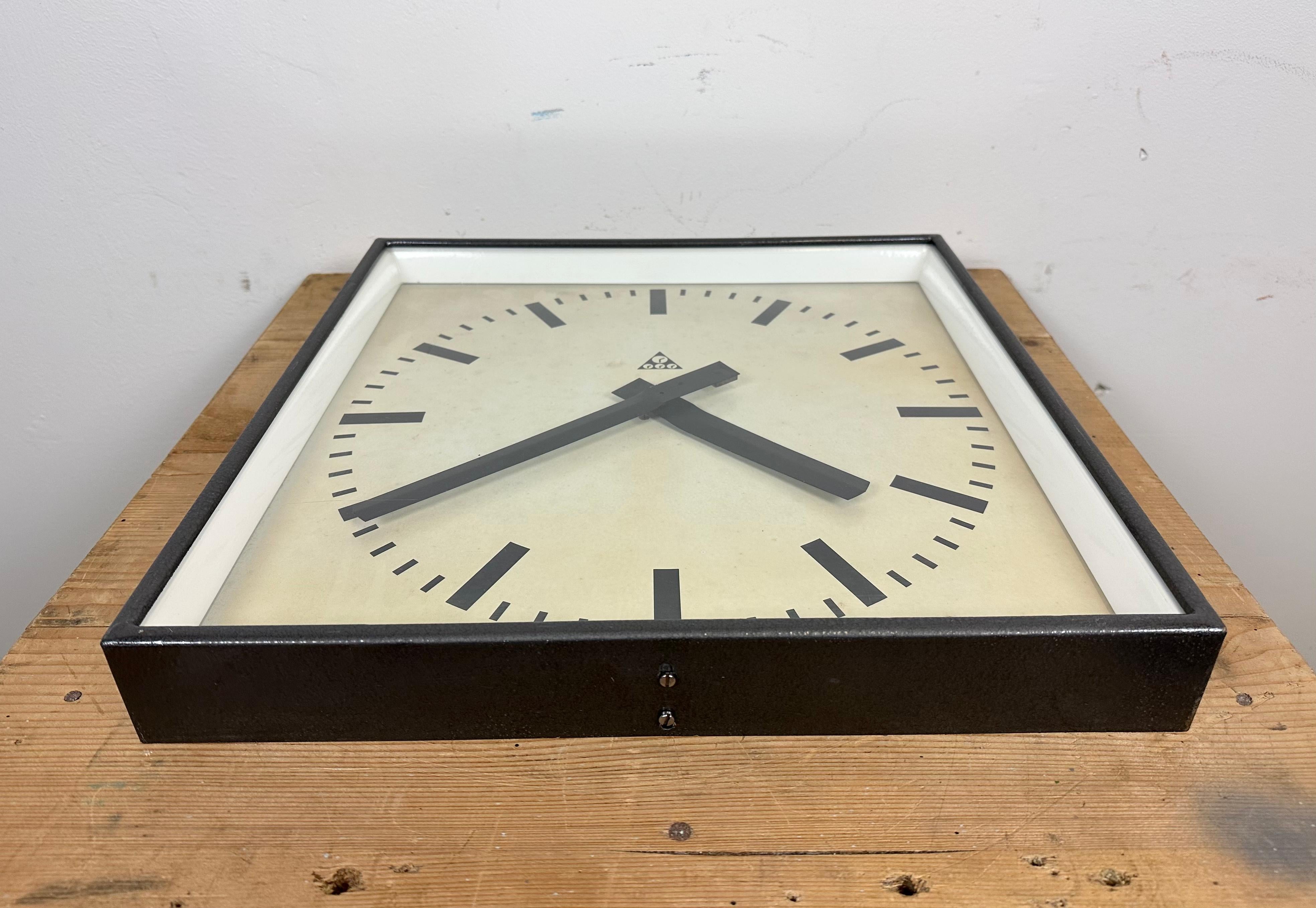 Glass Large Dark Grey Square Wall Clock from Pragotron, 1960s
