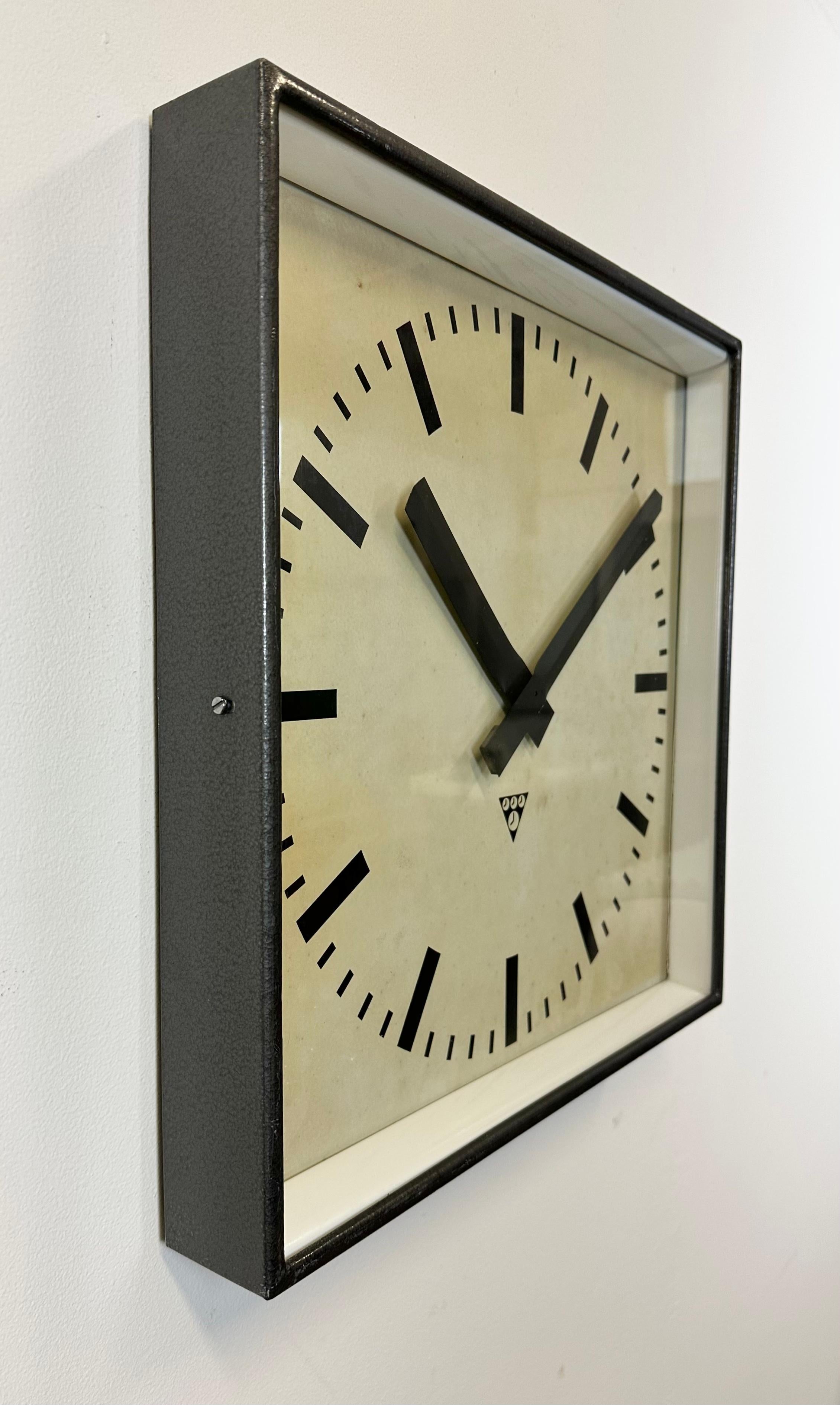 Industrial Large Dark Grey Square Wall Clock from Pragotron, 1960s