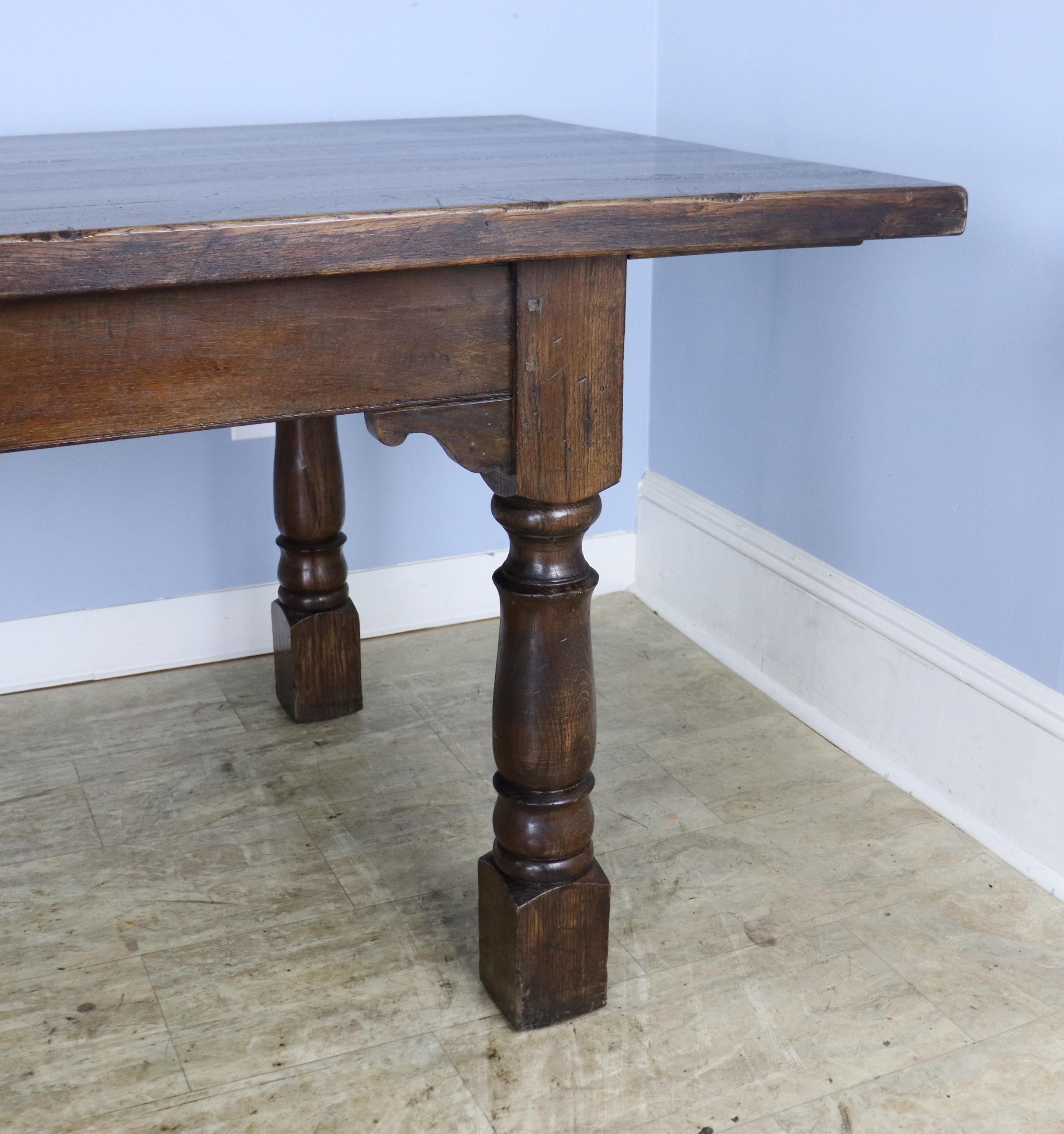 Large Dark Oak Farm Table with Turned Legs For Sale 2