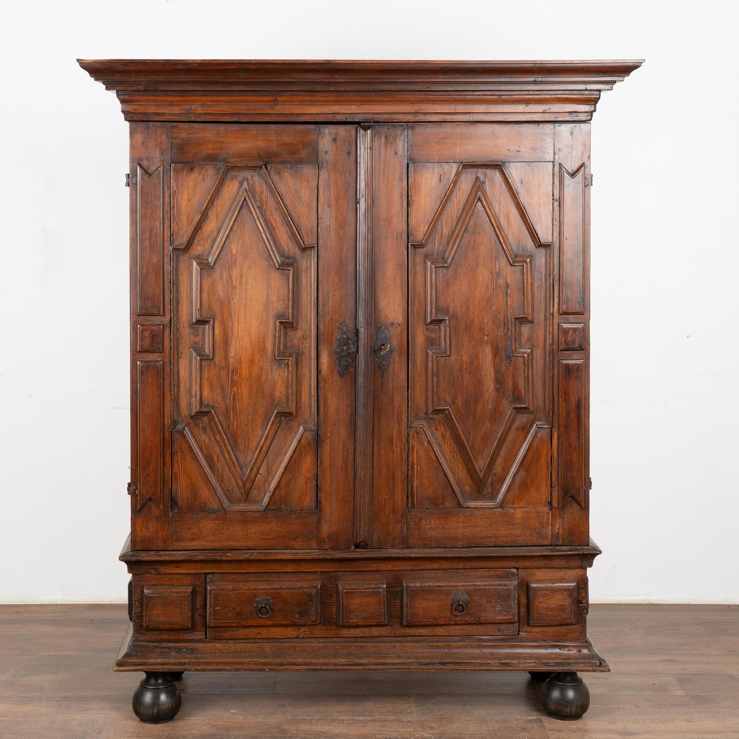 Large Dark Pine Two Door Baroque Armoire, Sweden circa 1800 In Good Condition For Sale In Round Top, TX