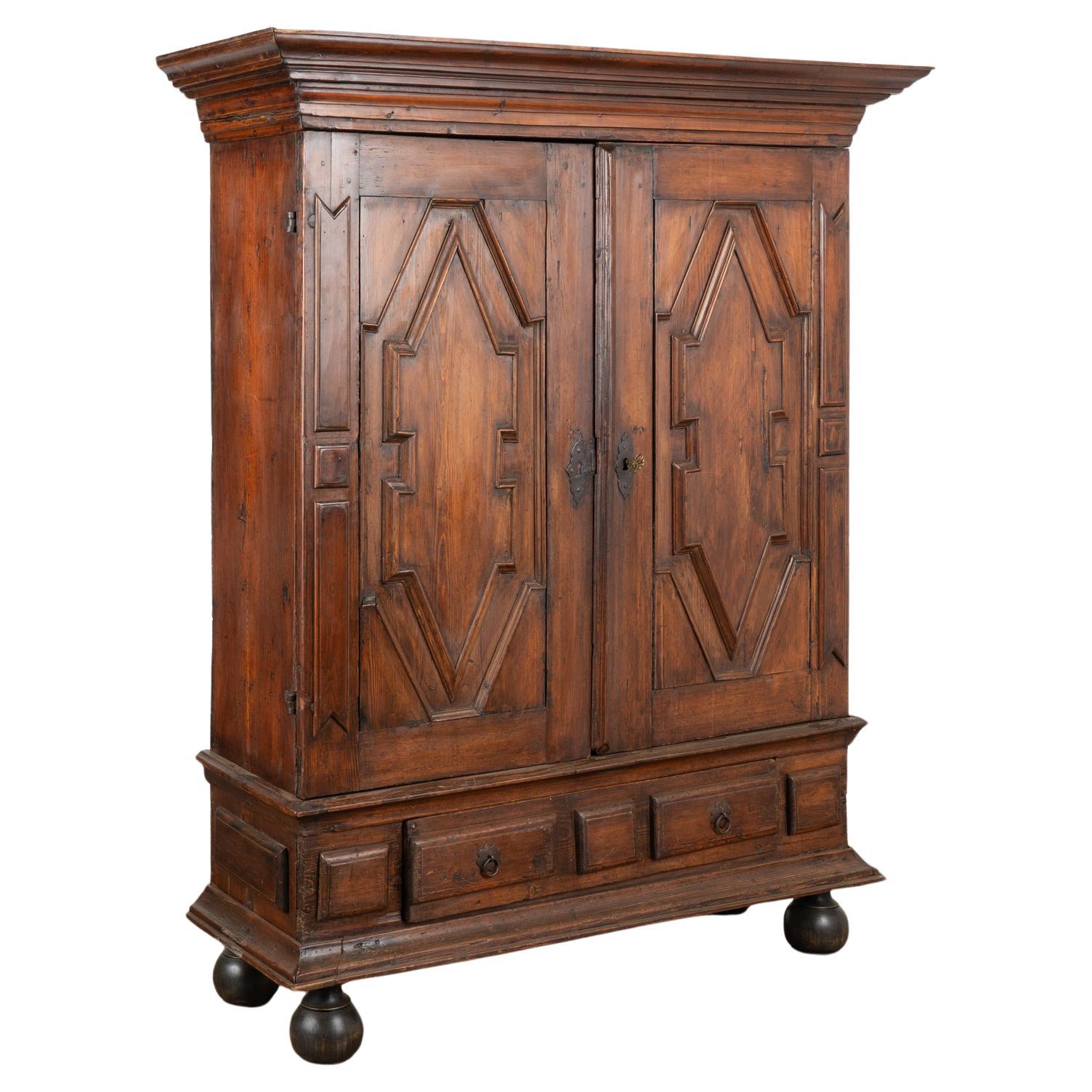 Large Dark Pine Two Door Baroque Armoire, Sweden circa 1800 For Sale