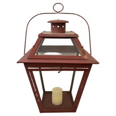 Large Dark Red Painted Metal & Glass Candle Holder Lantern
