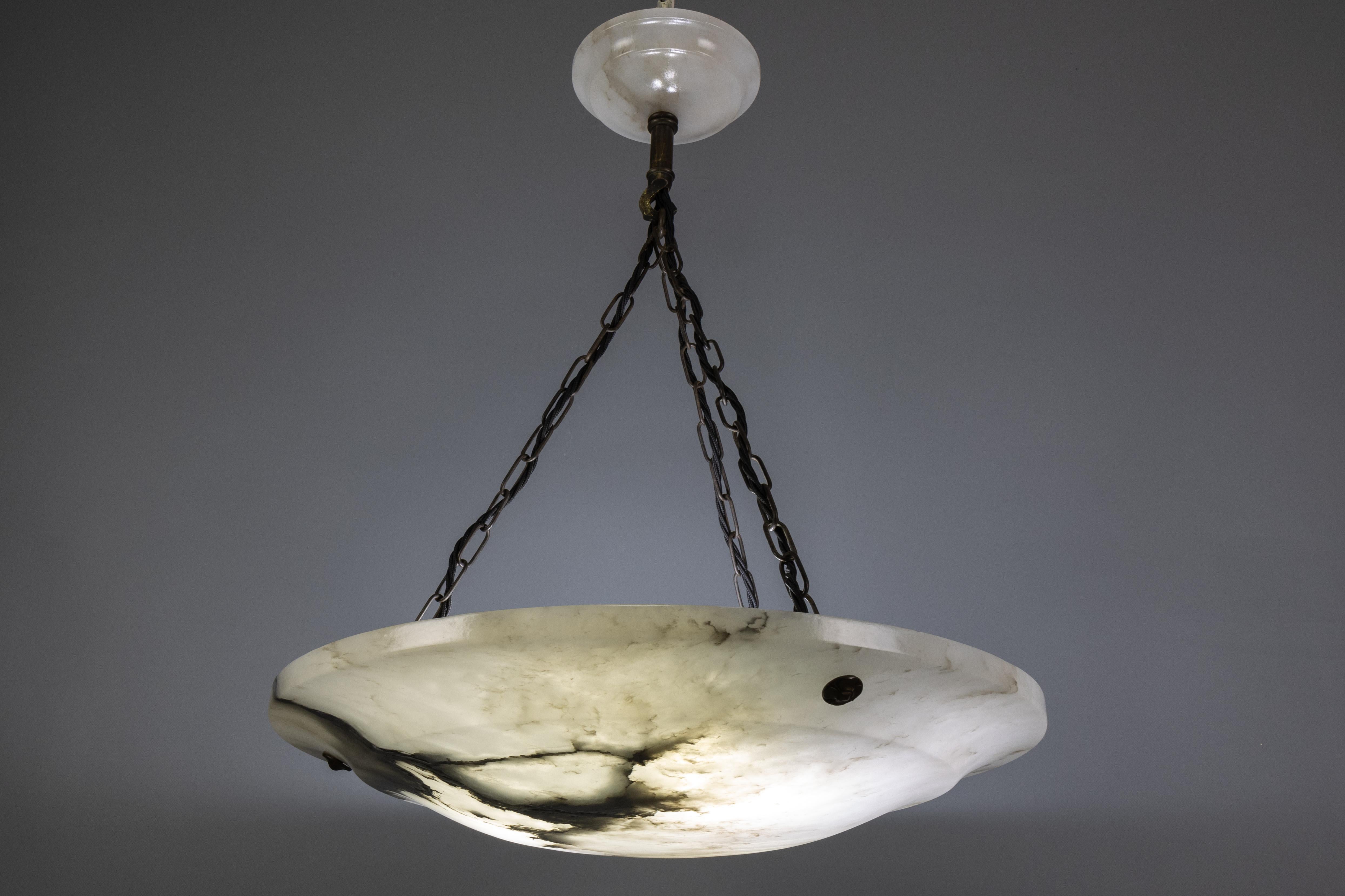Large Dark Veined White Alabaster Pendant Light, ca. 1920 For Sale 3