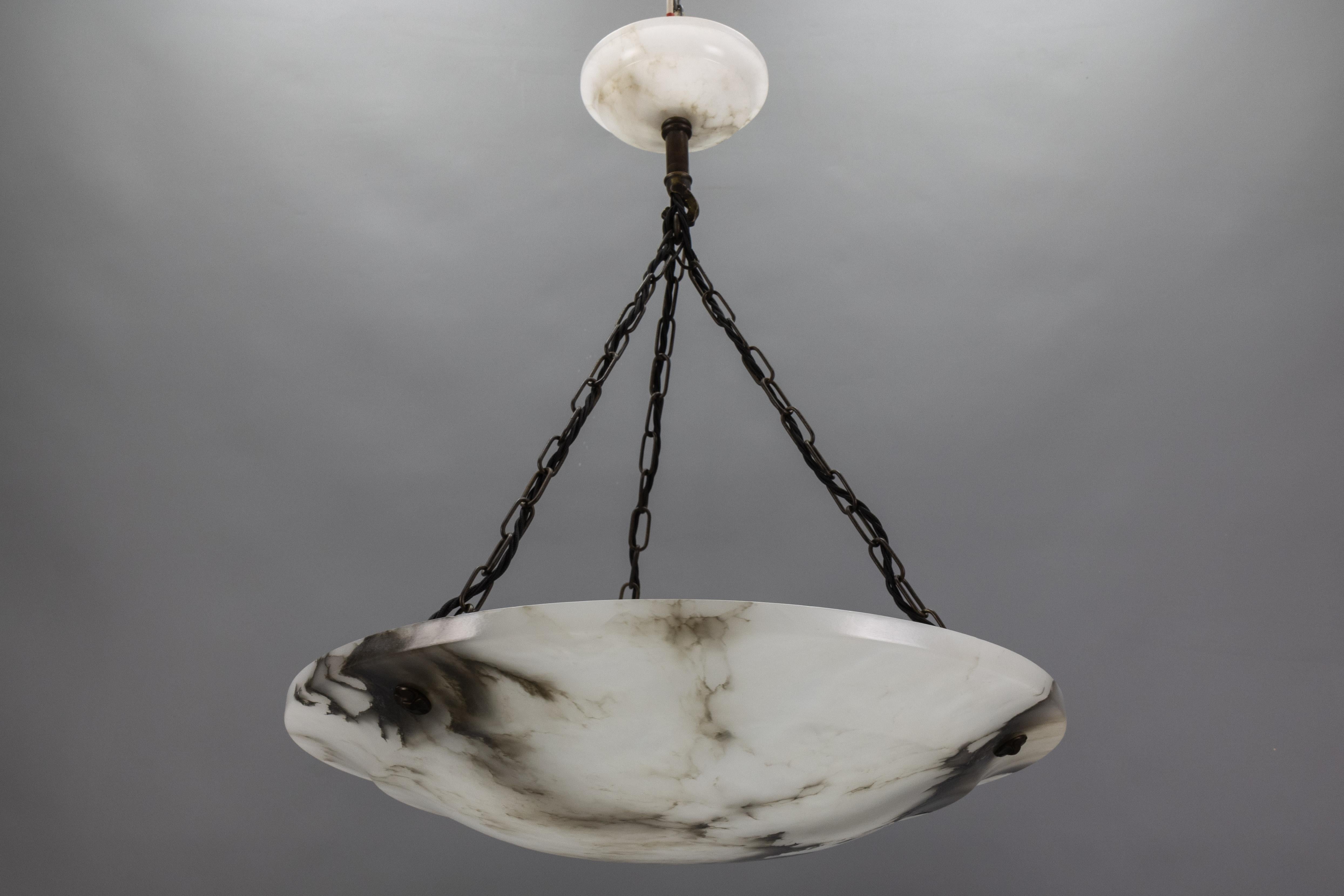 Large Dark Veined White Alabaster Pendant Light, ca. 1920 For Sale 4