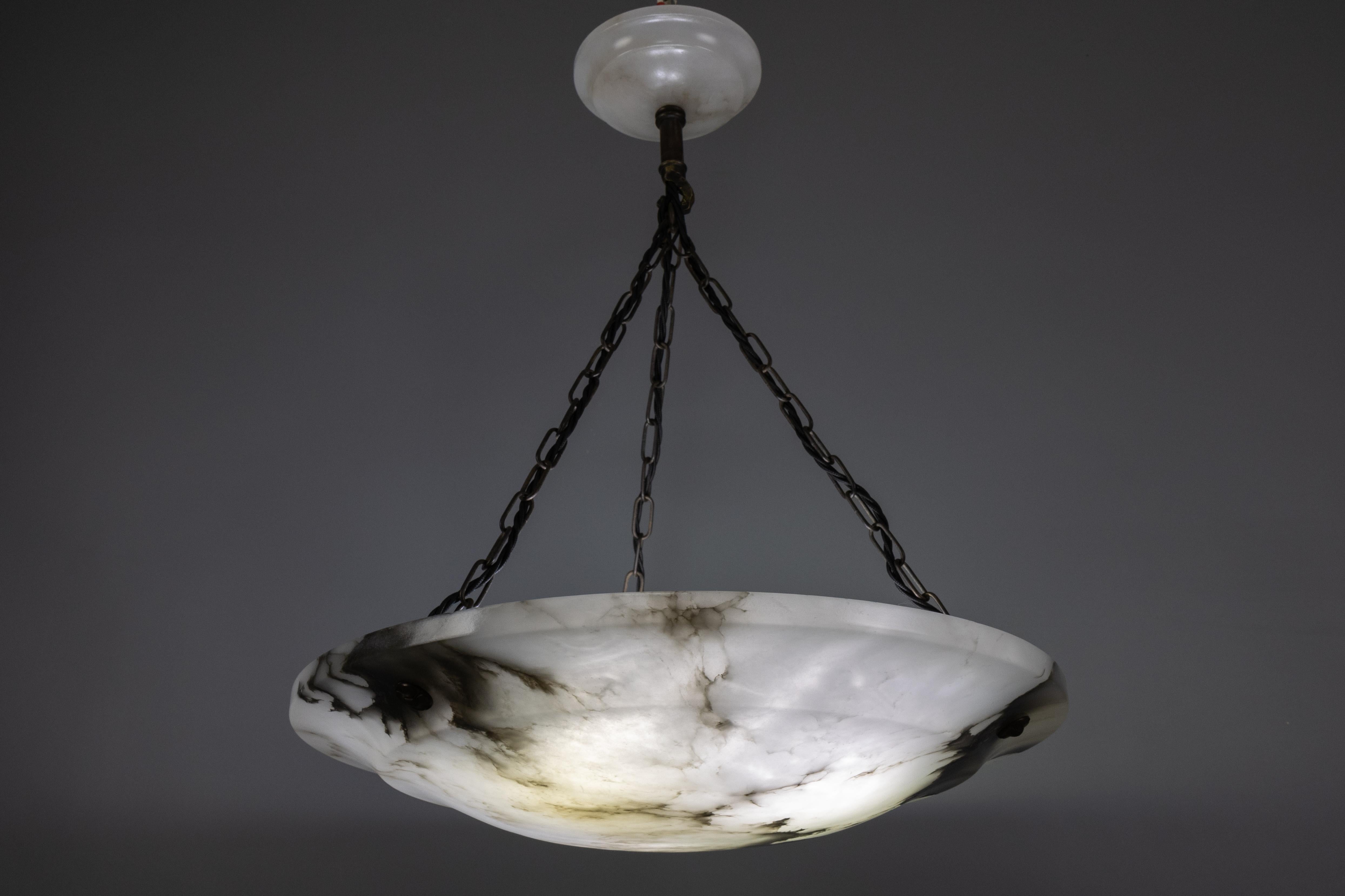 Large Dark Veined White Alabaster Pendant Light, ca. 1920 For Sale 5