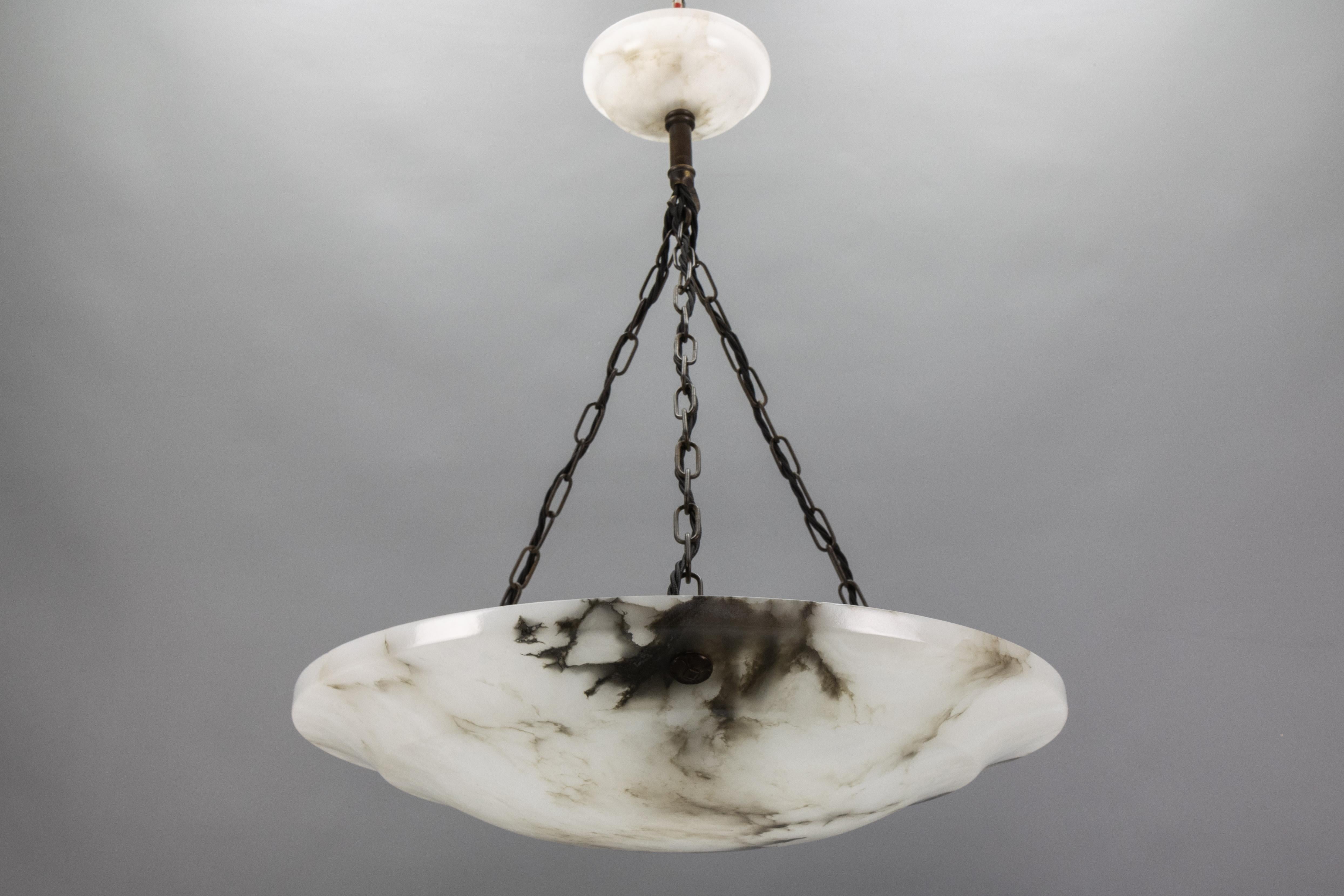 Large Dark Veined White Alabaster Pendant Light, ca. 1920 For Sale 6