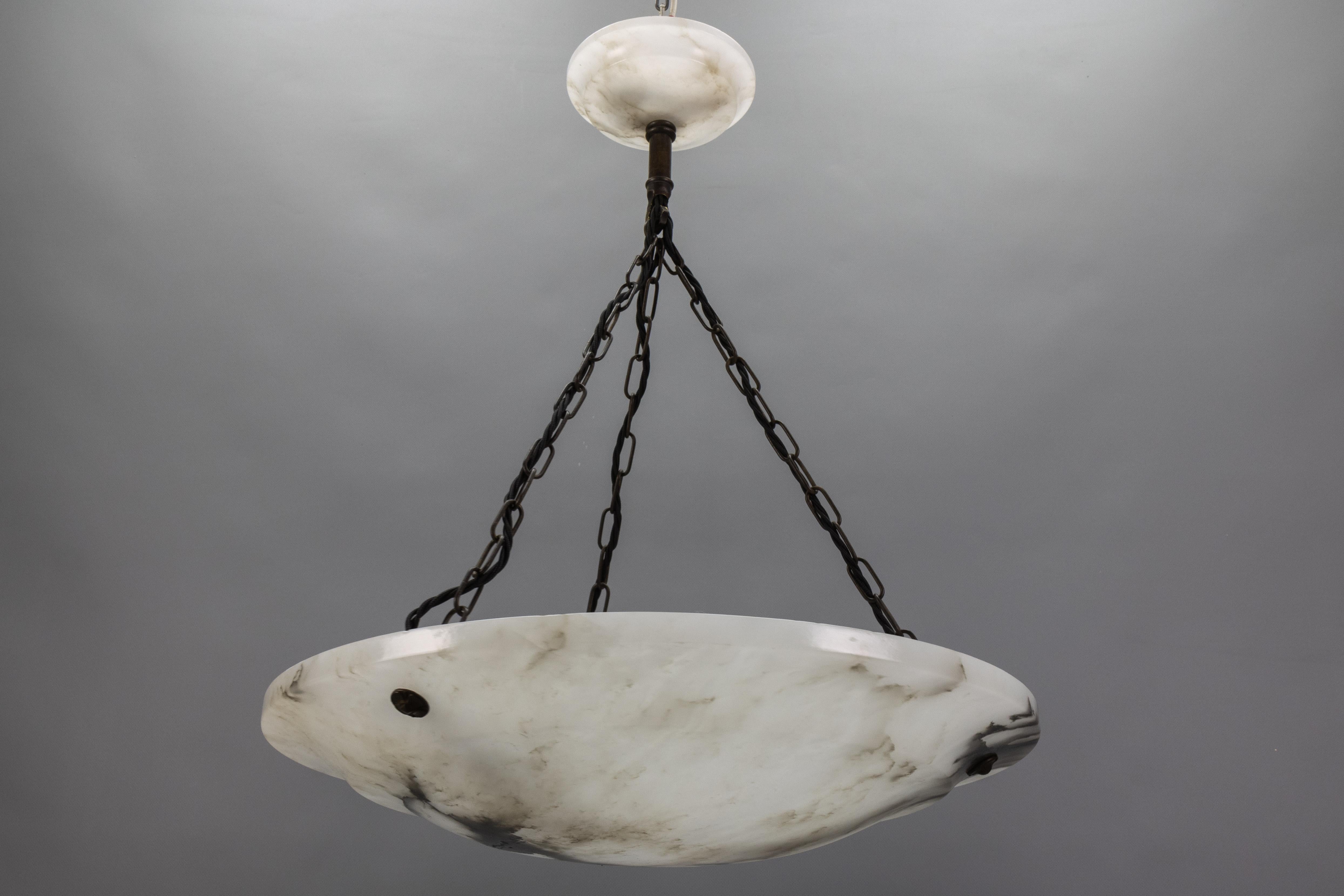 Large Dark Veined White Alabaster Pendant Light, ca. 1920 For Sale 7