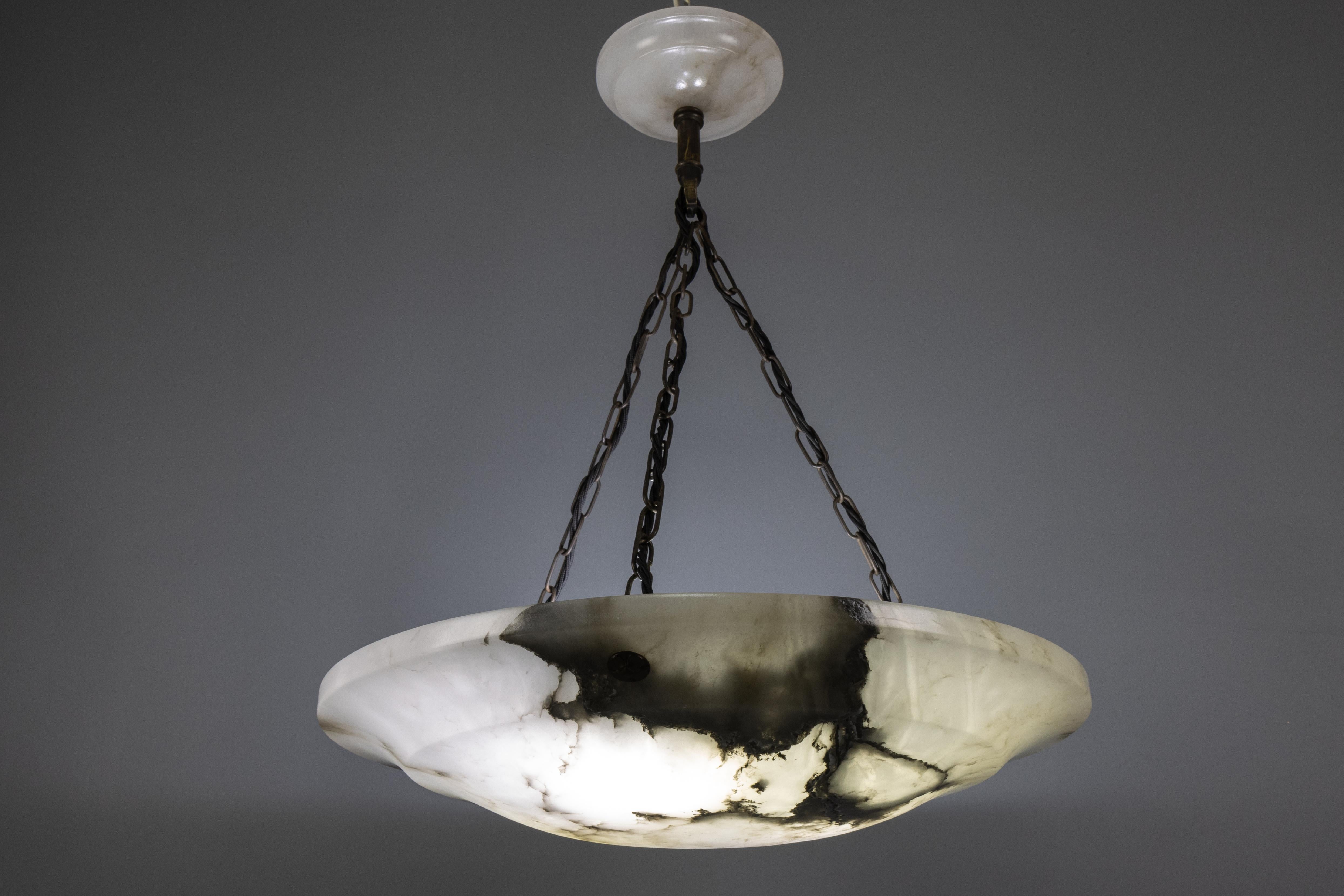 Large Dark Veined White Alabaster Pendant Light, ca. 1920 For Sale 8