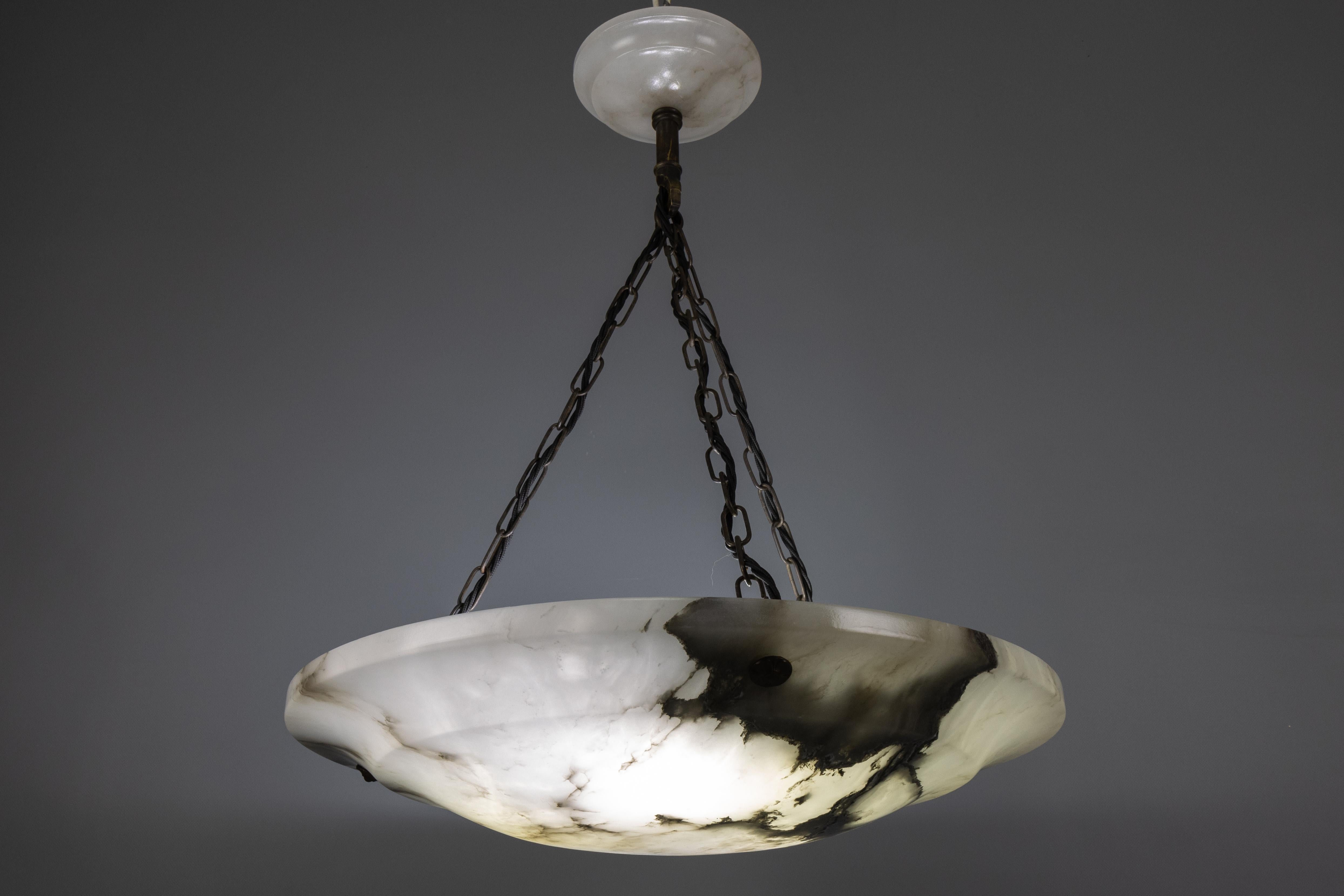 Large Dark Veined White Alabaster Pendant Light, ca. 1920 For Sale 9