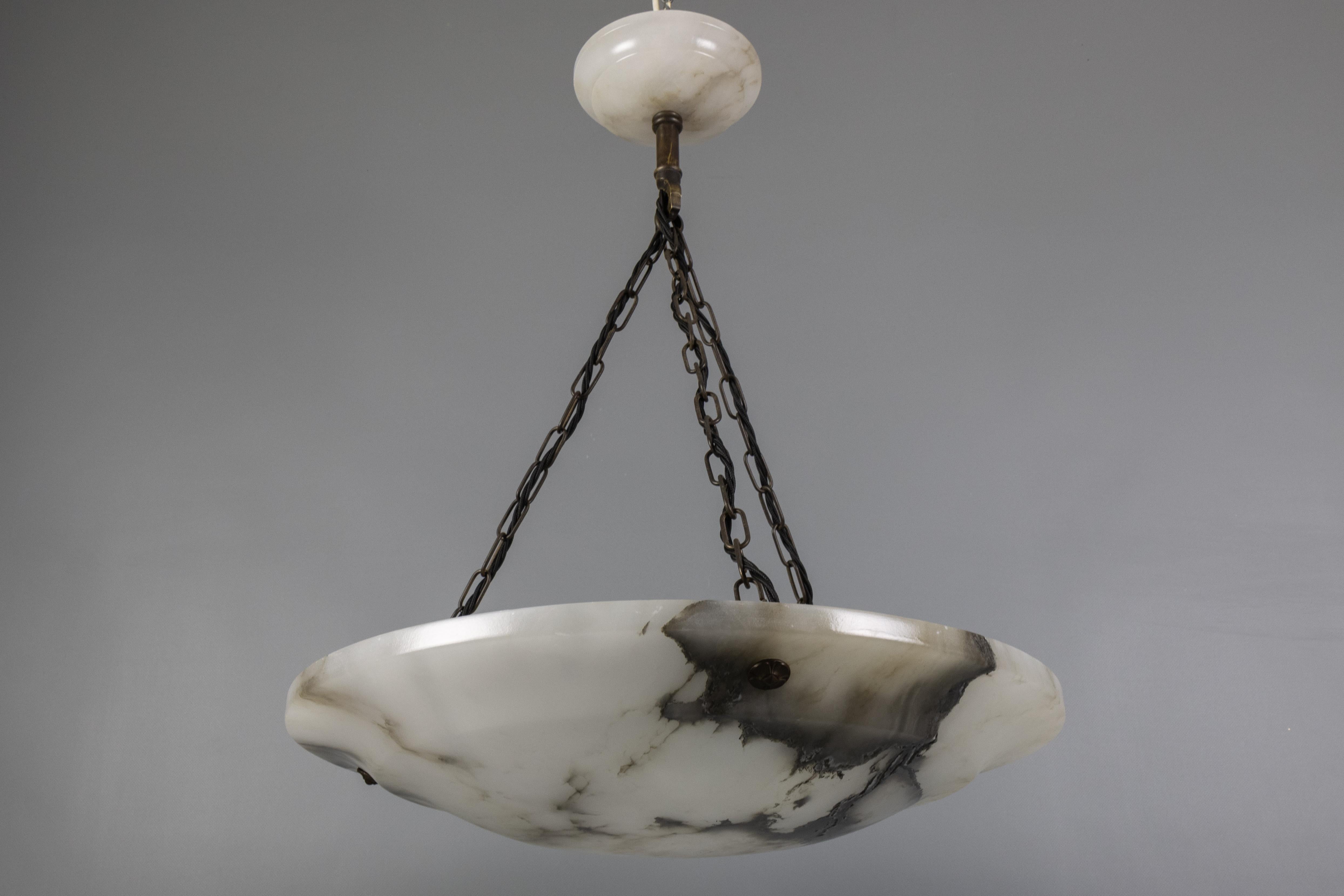 Large Dark Veined White Alabaster Pendant Light, ca. 1920 For Sale 10