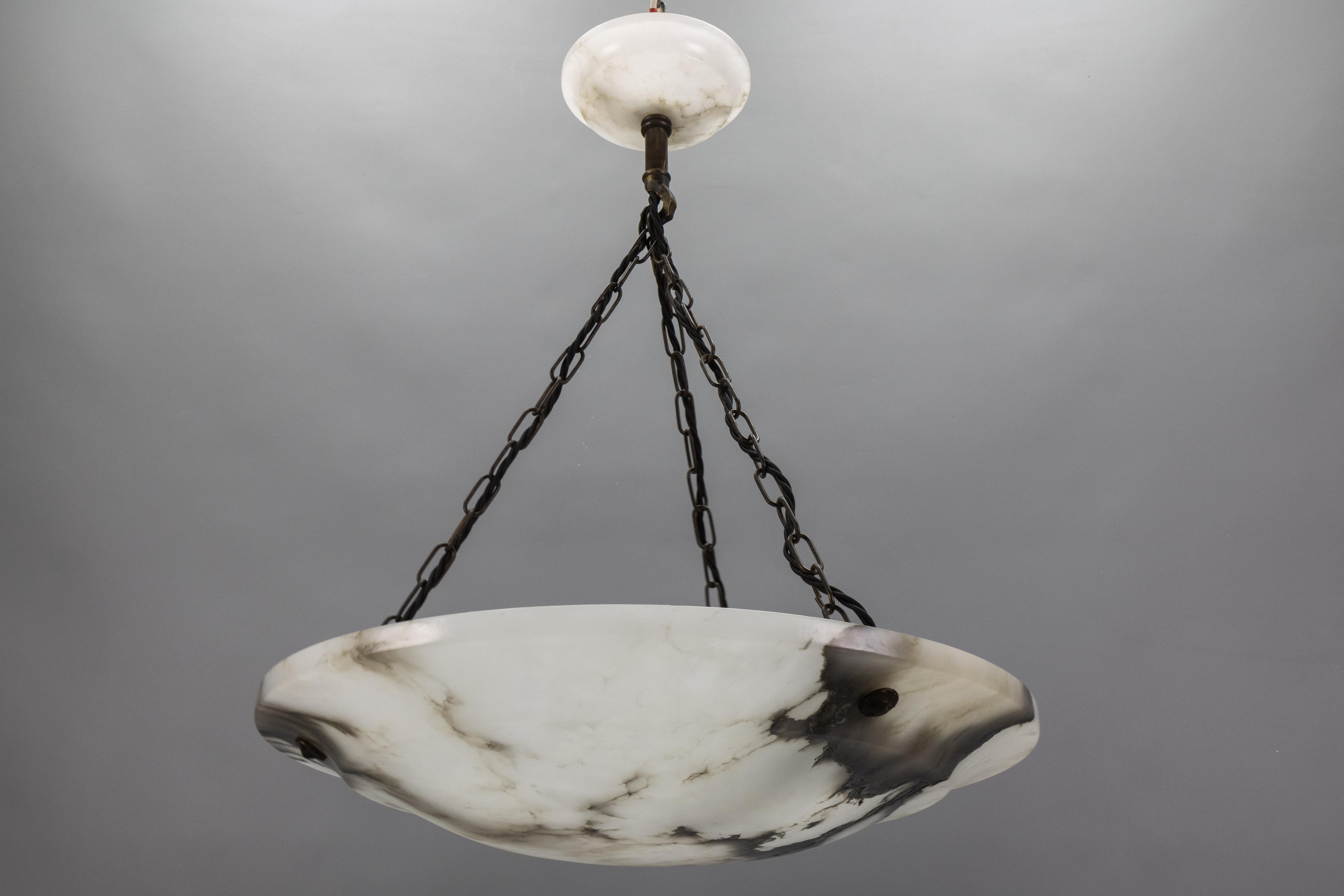 Large Dark Veined White Alabaster Pendant Light, ca. 1920 For Sale 11