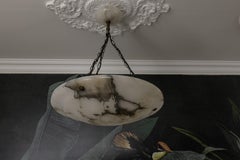 Large Dark Veined White Alabaster Pendant Light, ca. 1920