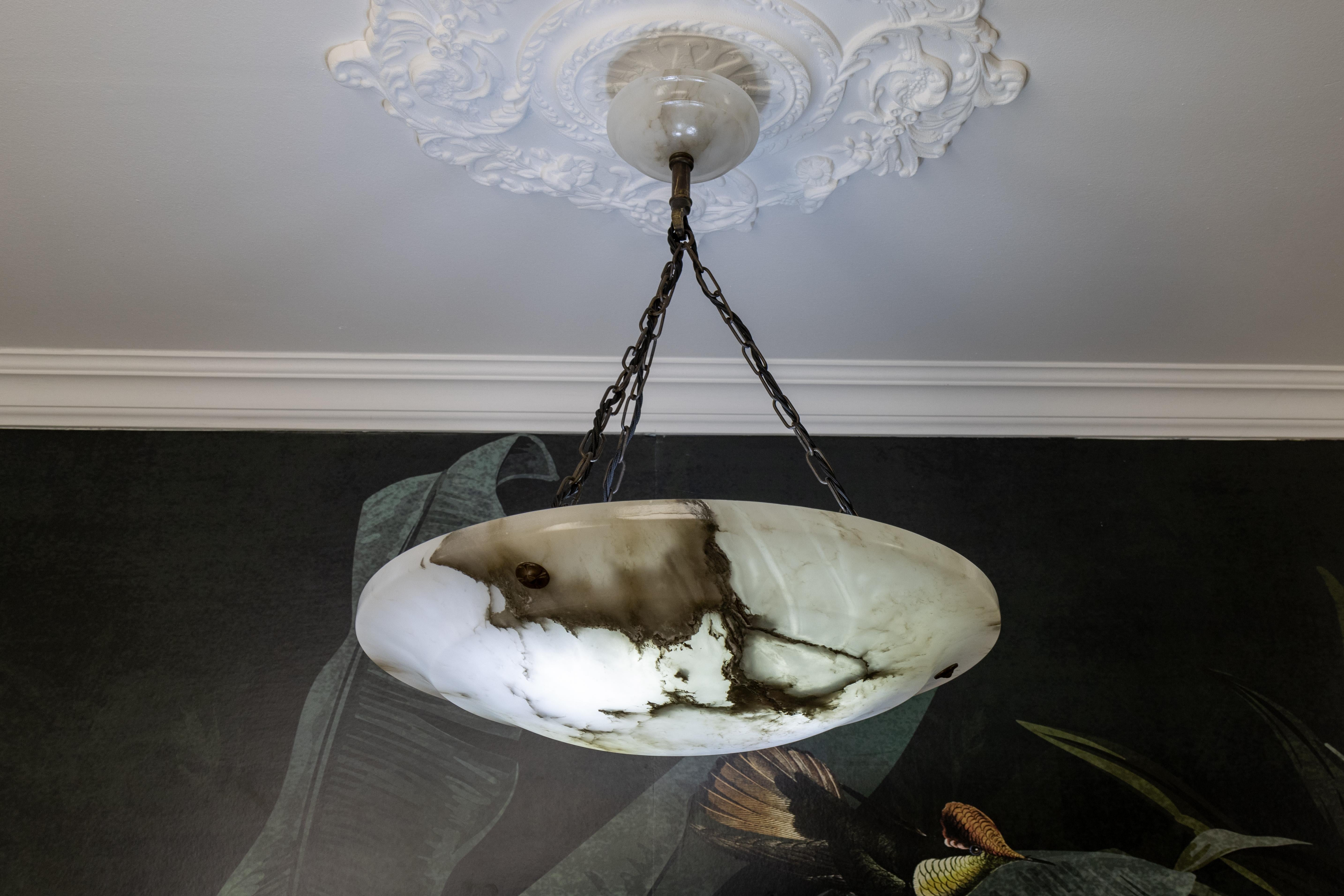 Art Deco Large Dark Veined White Alabaster Pendant Light, ca. 1920 For Sale