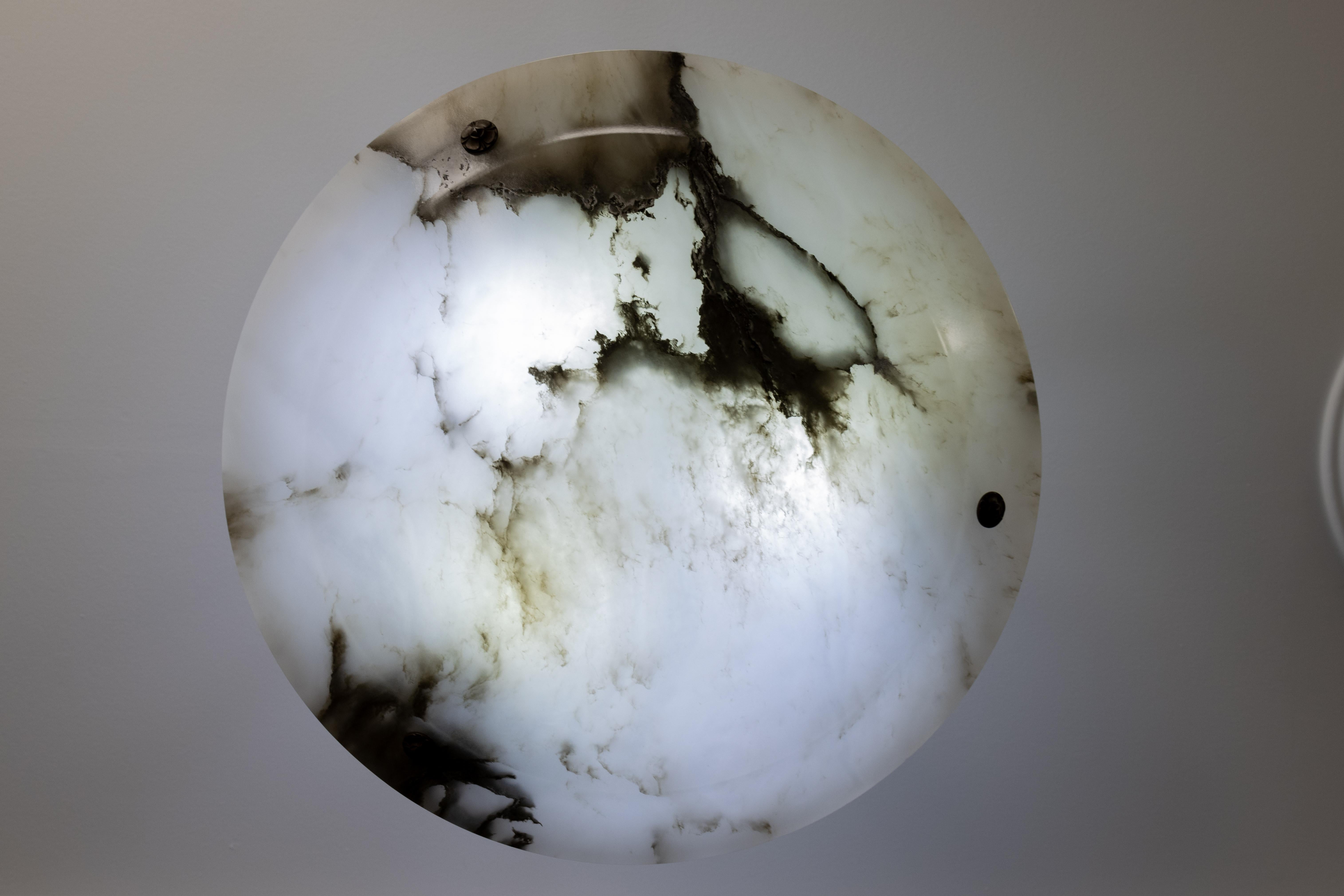 French Large Dark Veined White Alabaster Pendant Light, ca. 1920 For Sale