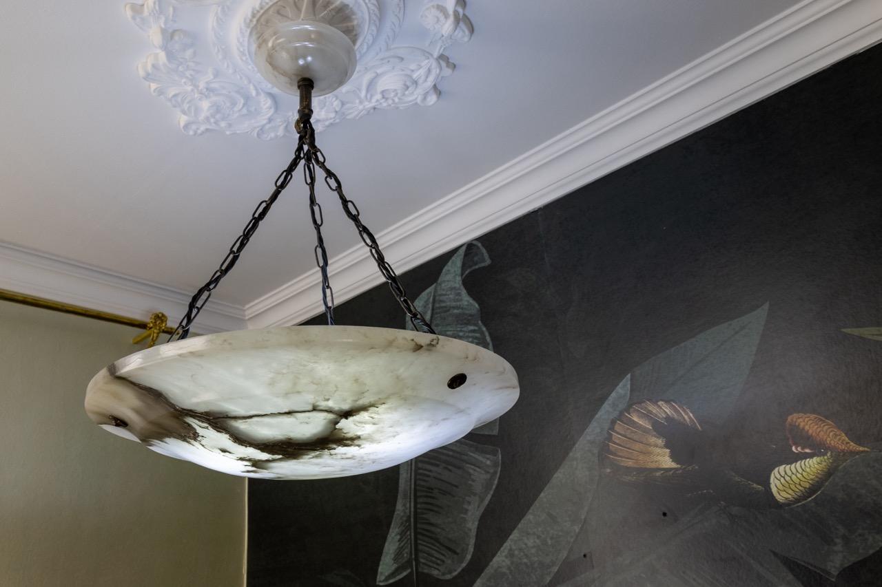 Early 20th Century Large Dark Veined White Alabaster Pendant Light, ca. 1920 For Sale