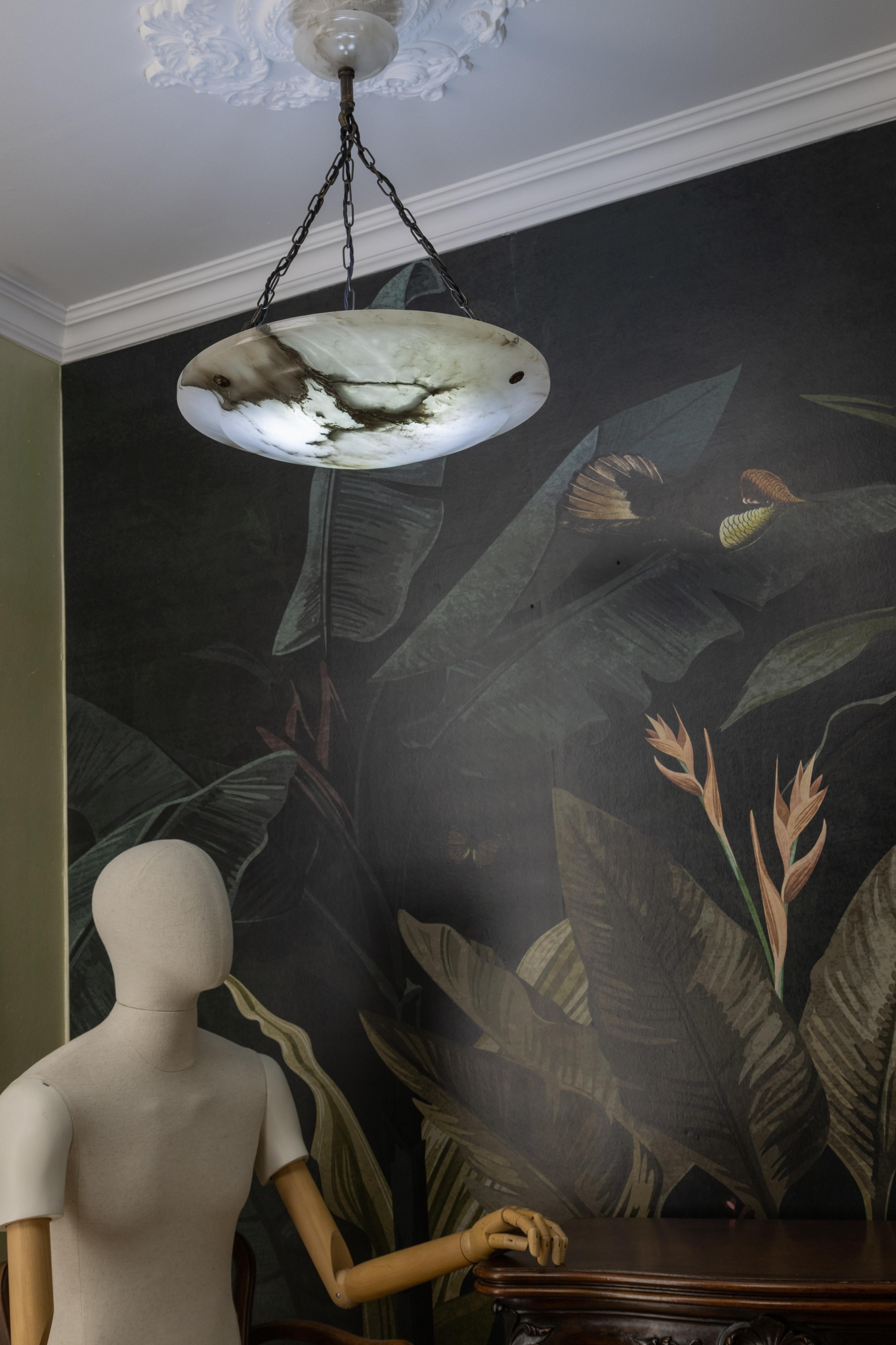 Metal Large Dark Veined White Alabaster Pendant Light, ca. 1920 For Sale