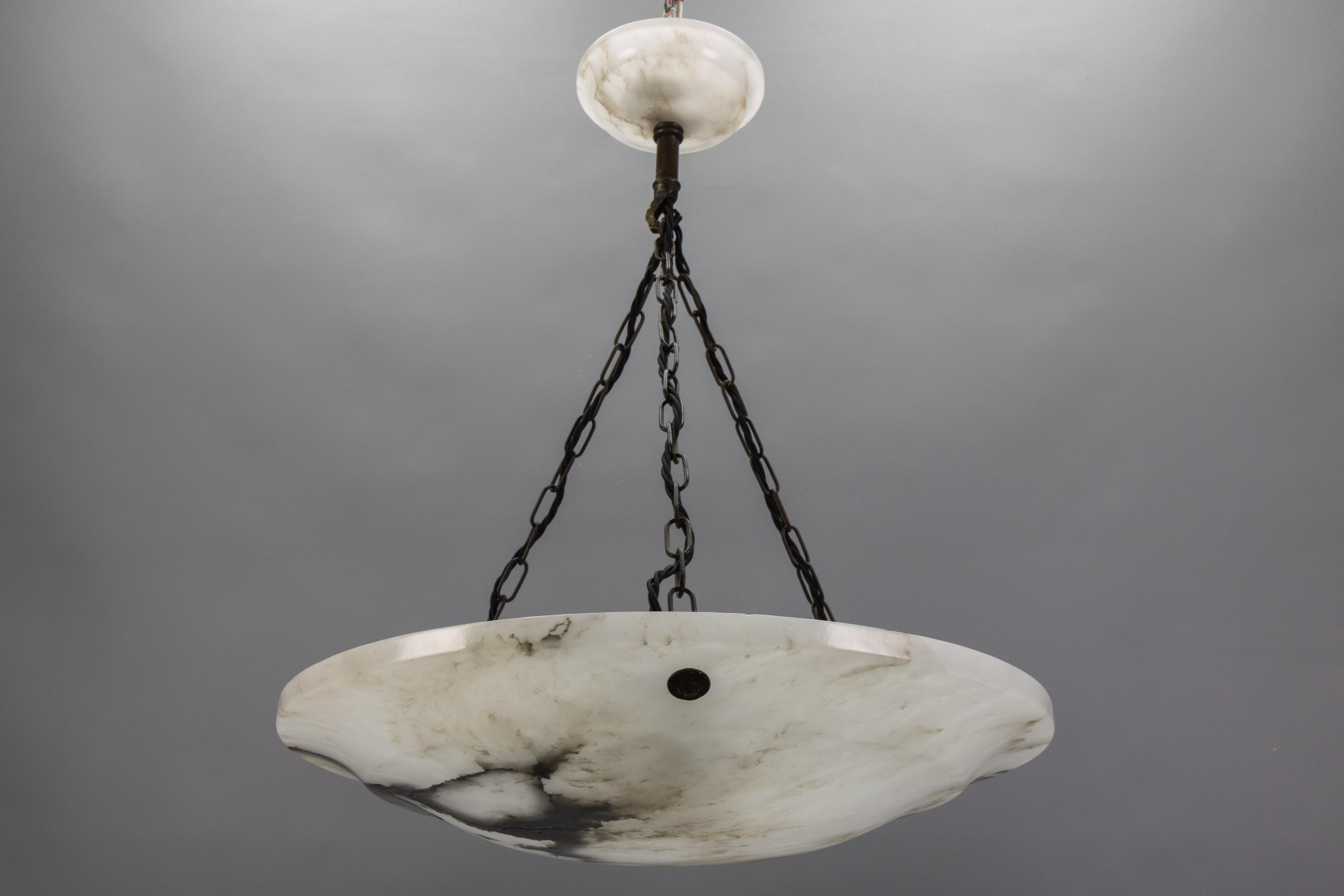 Large Dark Veined White Alabaster Pendant Light, ca. 1920 For Sale 2