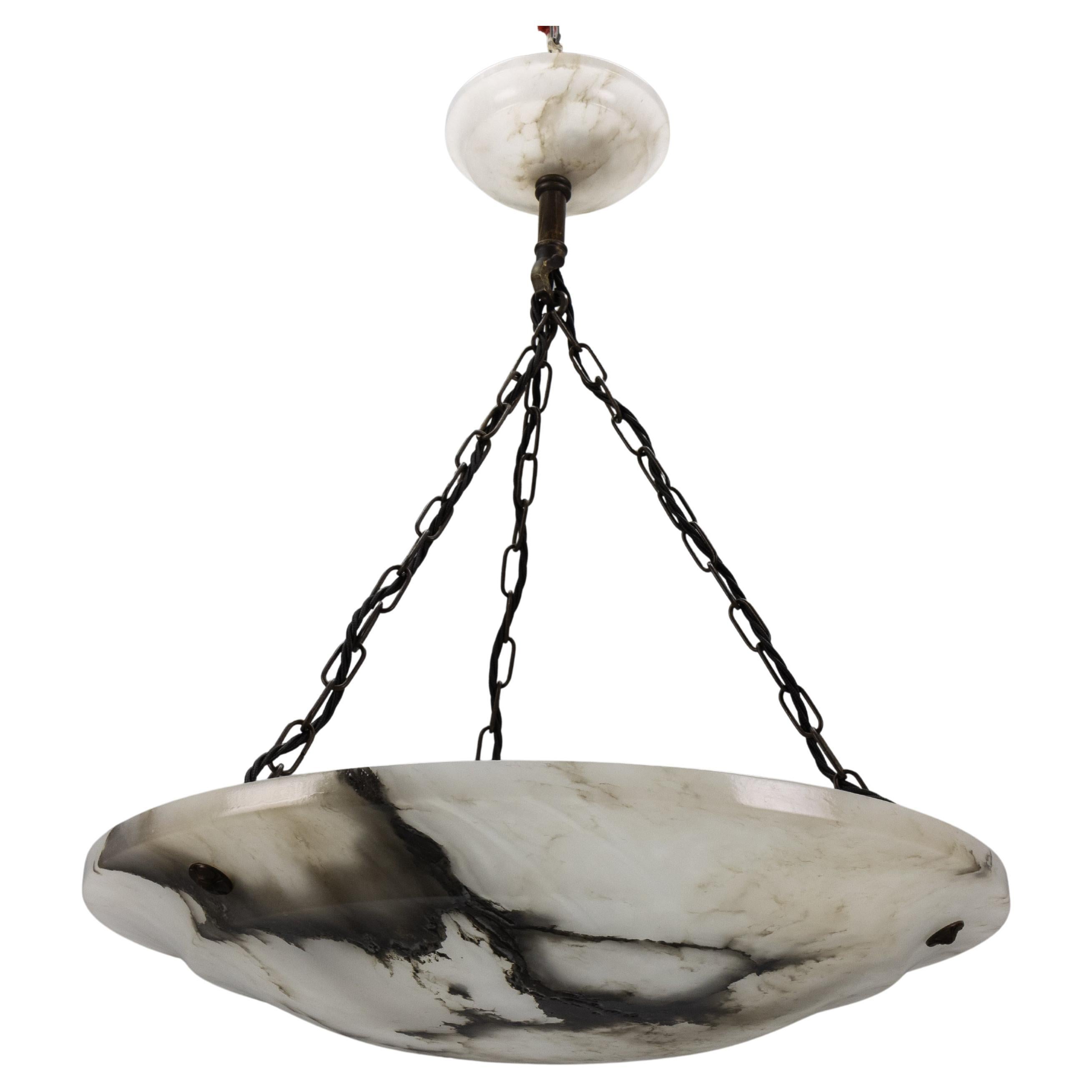 Large Dark Veined White Alabaster Pendant Light, ca. 1920