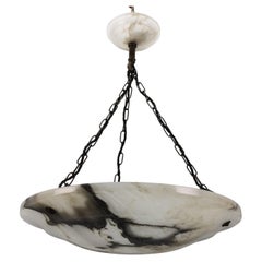 Antique Large Dark Veined White Alabaster Pendant Light, ca. 1920