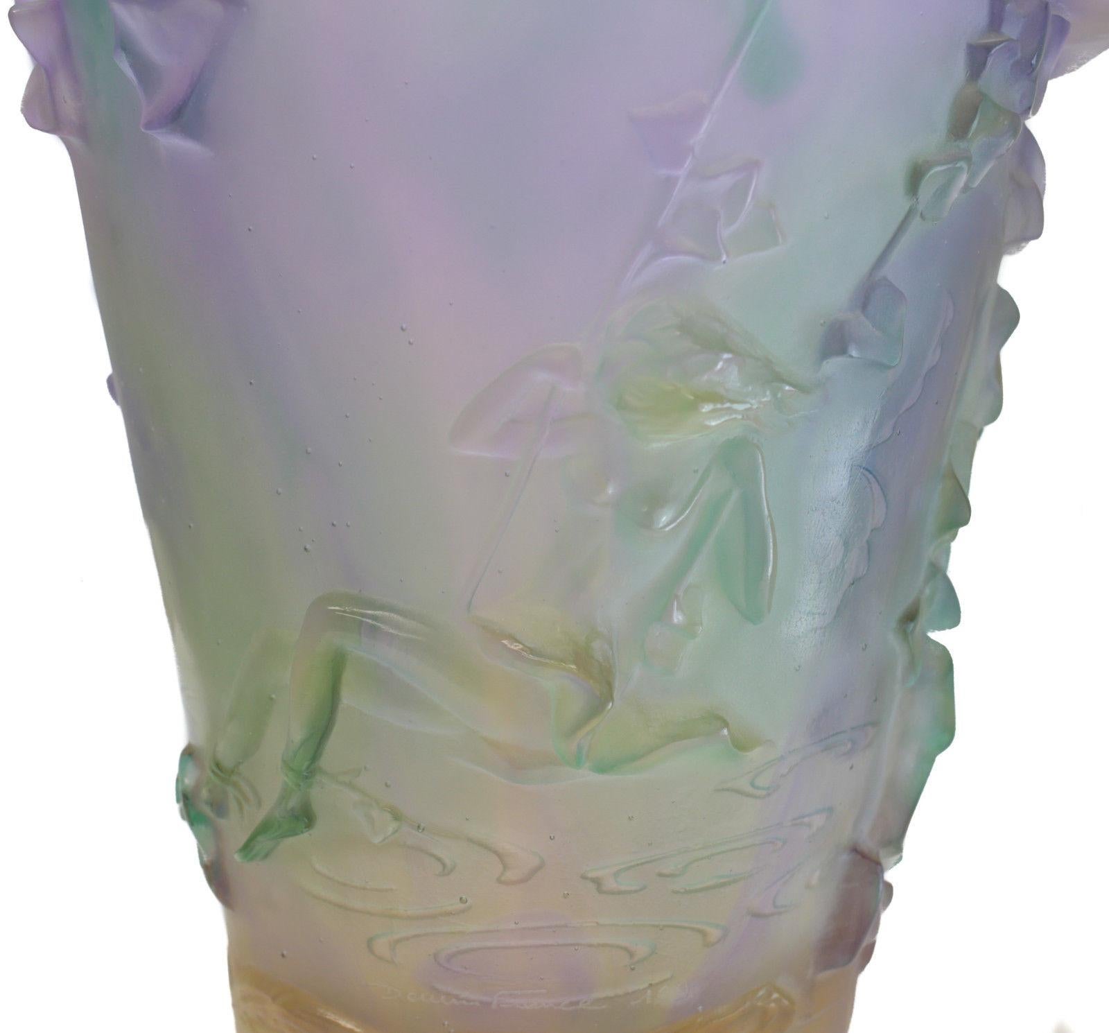 A large and exquisite Daum France Pat-de-Verre multi-colored double handled vase, Swing Lady Fairy. Limited Edition of 250. The pate-de-verre vase has stunning multi-colored soft pastel colors and beautifully depicts a woman swinging. Acid etched
