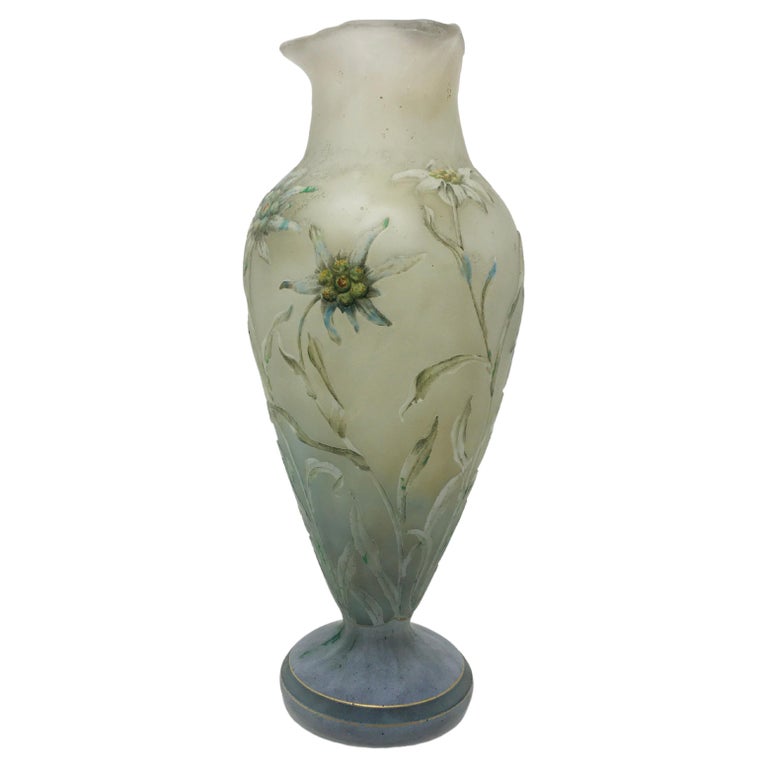 Large Daum Nancy Art Nouveau Cameo Glass Vase Edelweiss Decor 28cm For Sale  at 1stDibs
