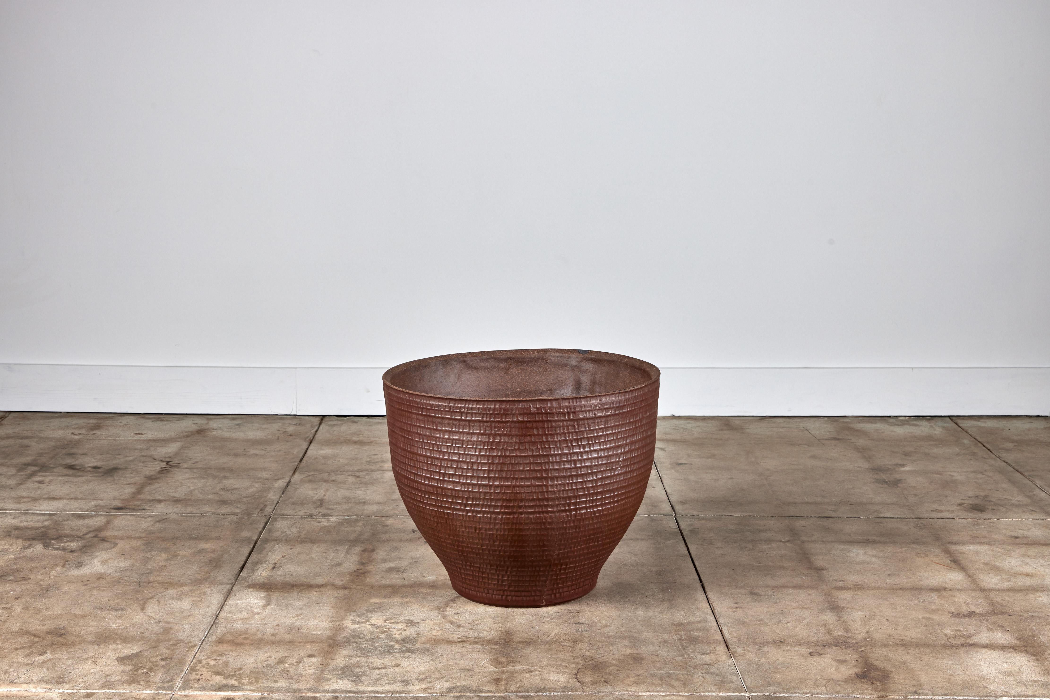 David Cressey Pro/Artisan collection Planter for Architectural Pottery. This stoneware planter has a soft speckled unglazed interior and a brown glazed exterior with the iconic 