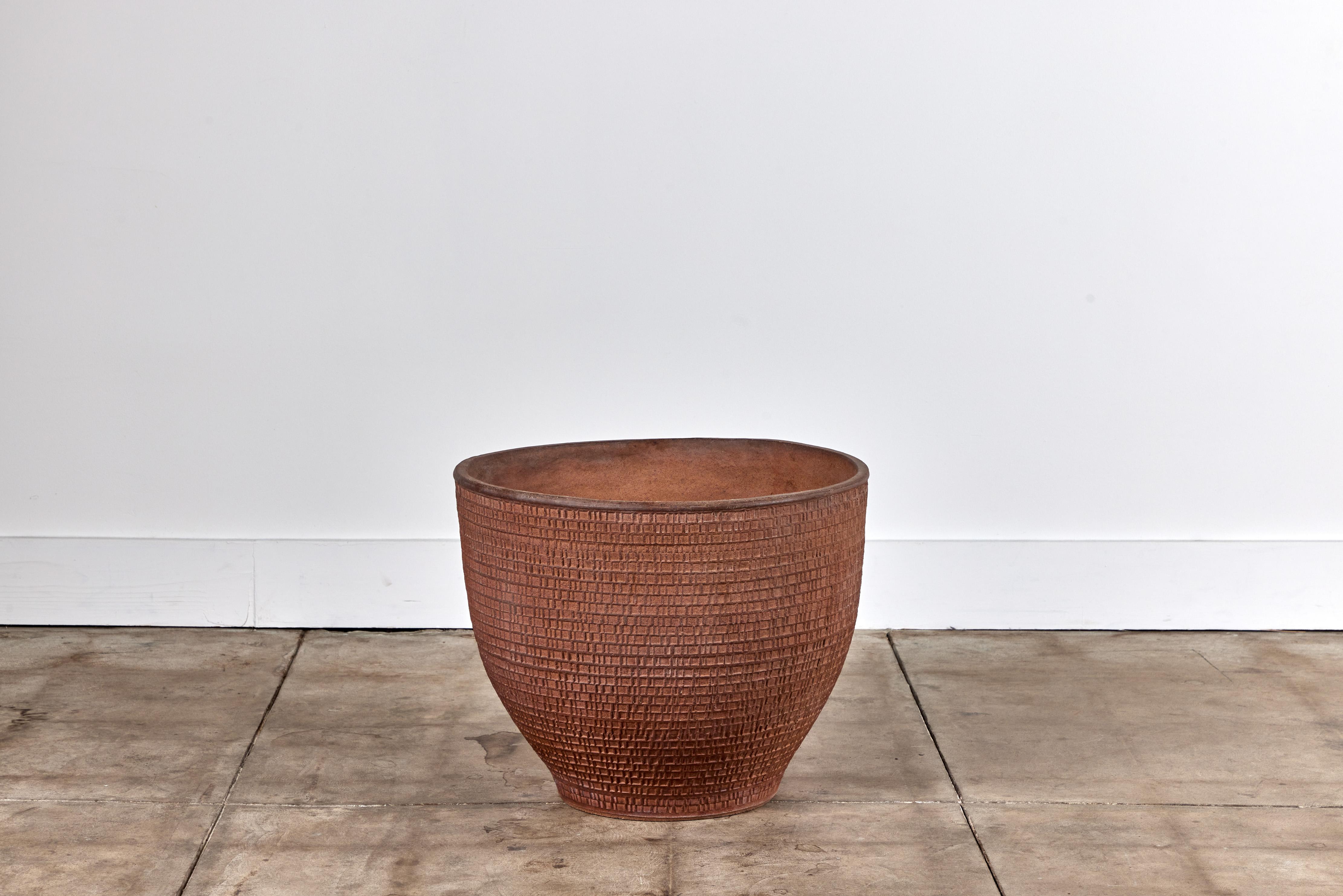 David Cressey Pro/Artisan collection Planter for Architectural Pottery. This stoneware planter has an unglazed natural warm brown clay interior and exterior with the iconic 