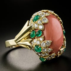 Large David Webb Coral, Emerald, and Diamond Ring