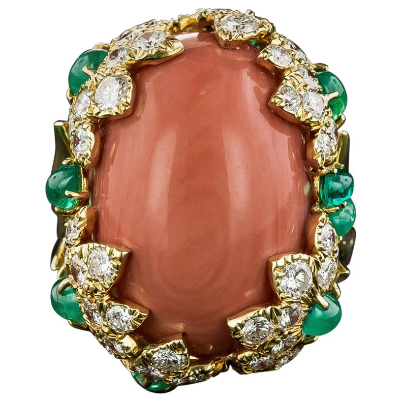Large David Webb Coral, Emerald, and Diamond Ring For Sale