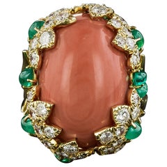 Large David Webb Coral, Emerald, and Diamond Ring